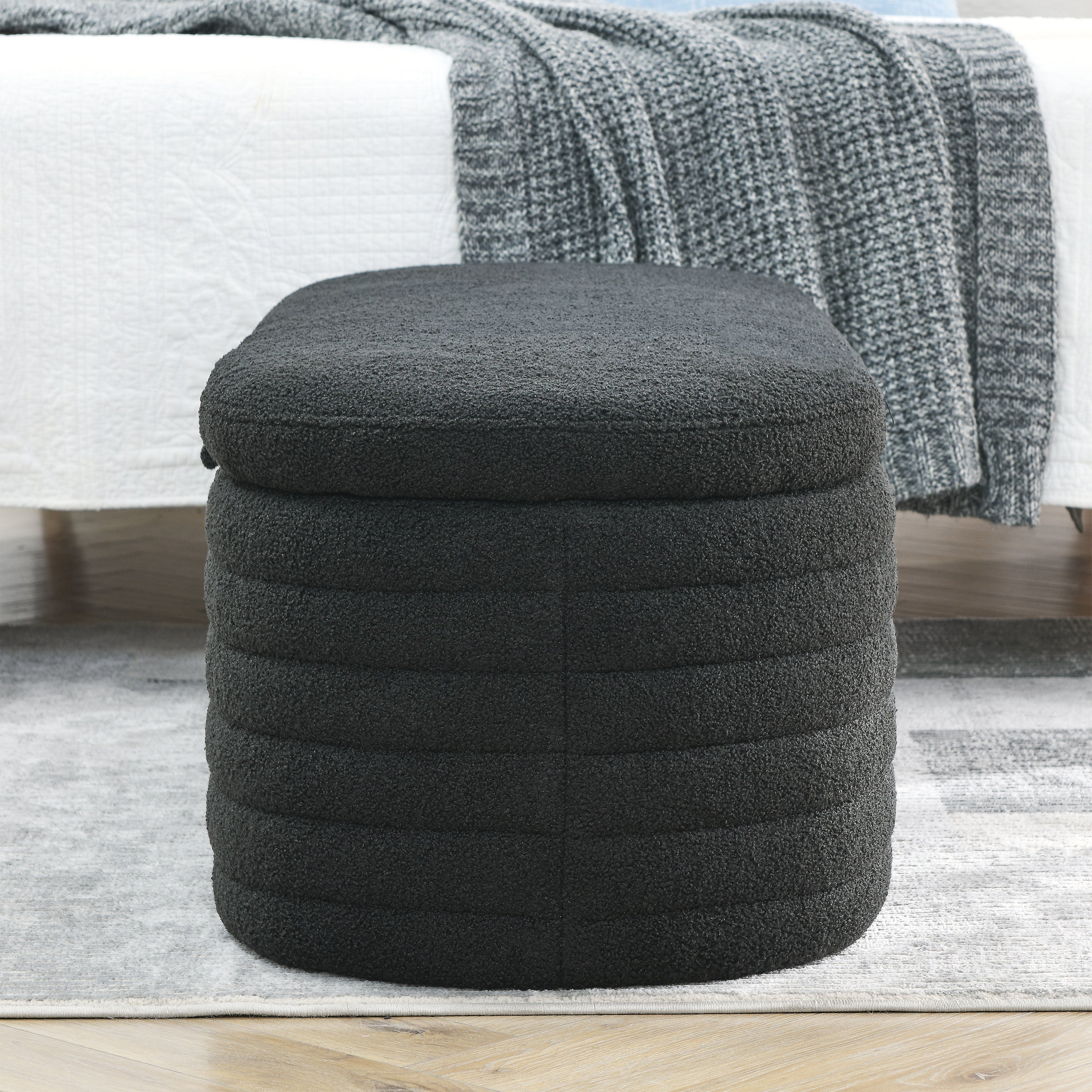 Storage Ottoman Bench Upholstered Fabric Storage - Black teddy