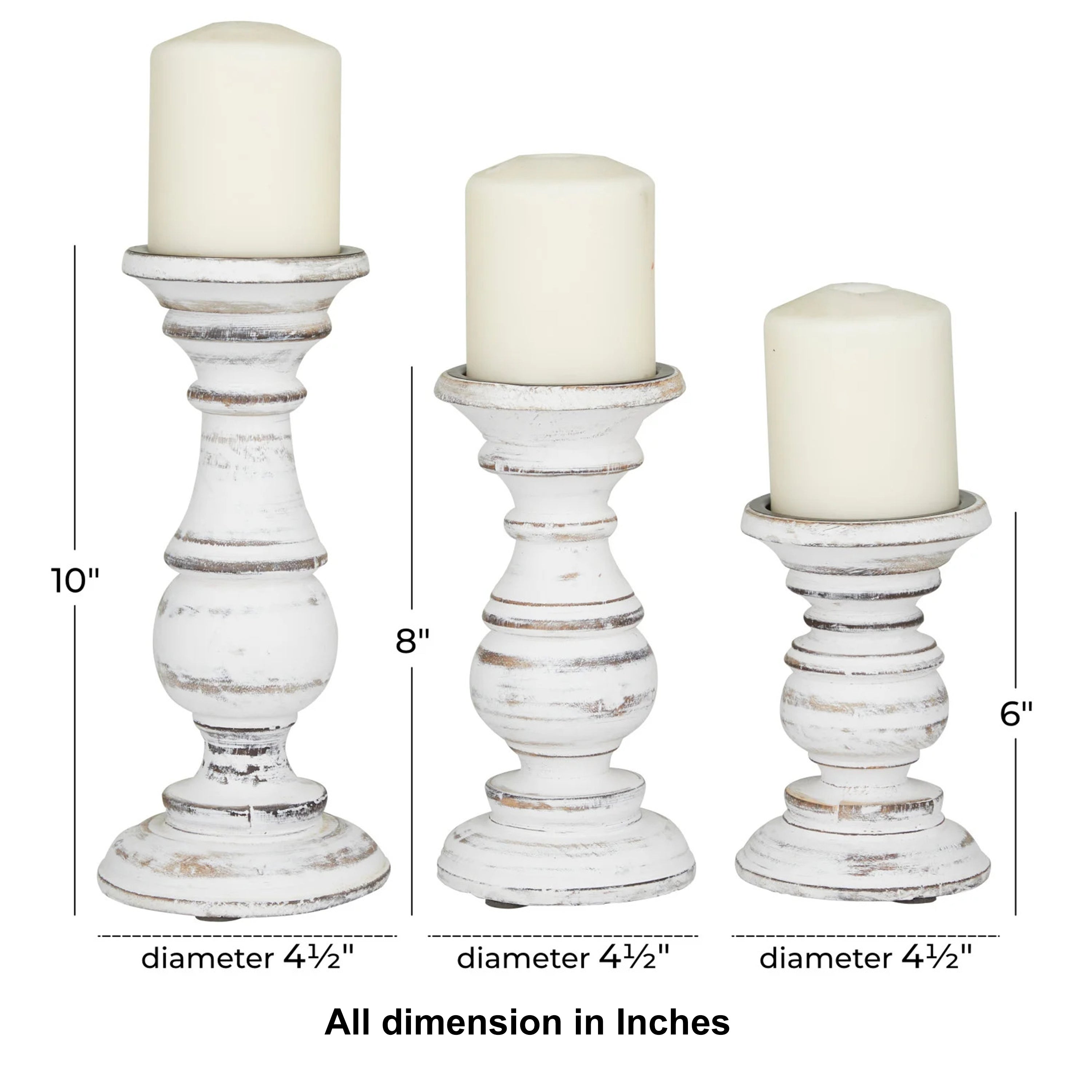 Turned Design Wooden Candle Holder with Distressed Details (Set of 3) - White