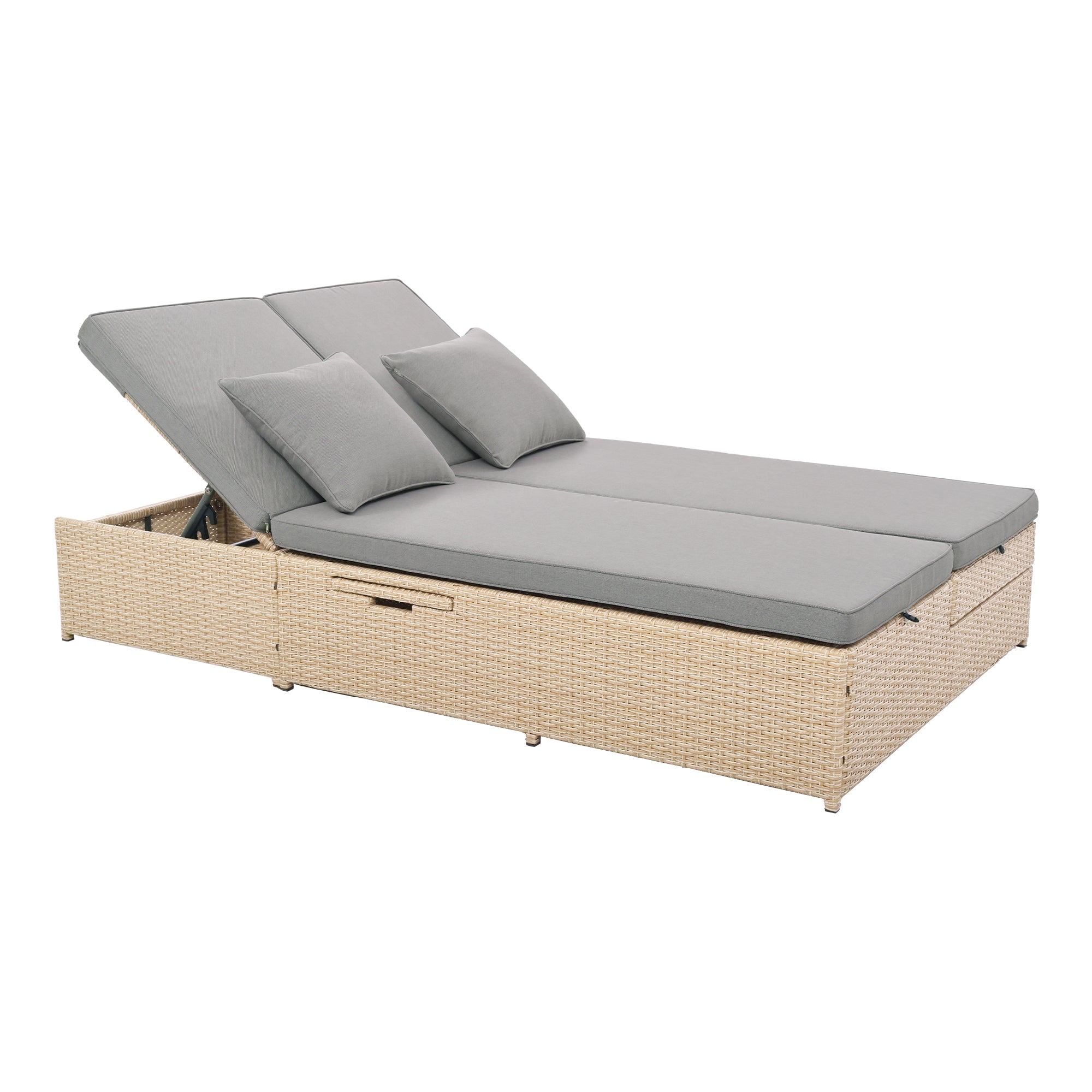 Outdoor Double Sun bed, Wicker Rattan Patio Reclining Chairs with Adjustable Backrest and Seat - Brown