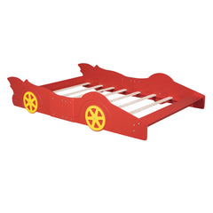 Full Size Race Car-Shaped Platform Bed with Wheels - Red