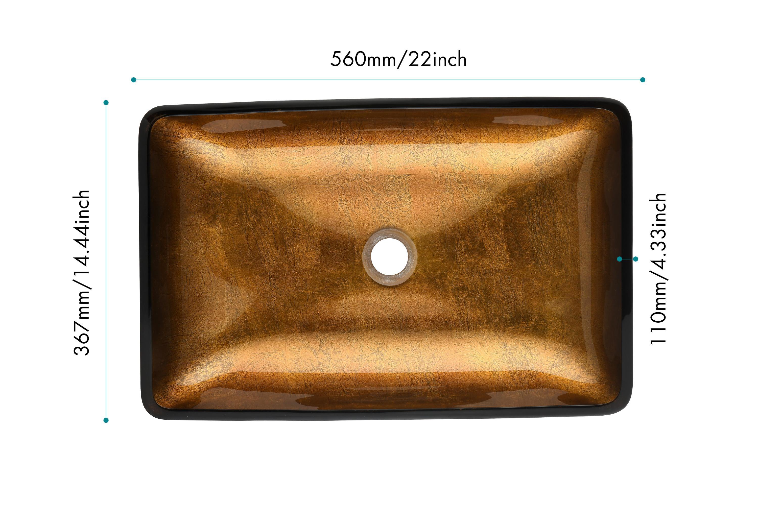 22.25" L -14.25" W -4 1/2" H Glass Rectangular Vessel Bathroom Sink Set with Gold Faucet and Gold Pop Up Drain
