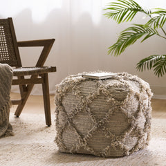 Handcrafted Boho Wool and Cotton Pouf - Gray