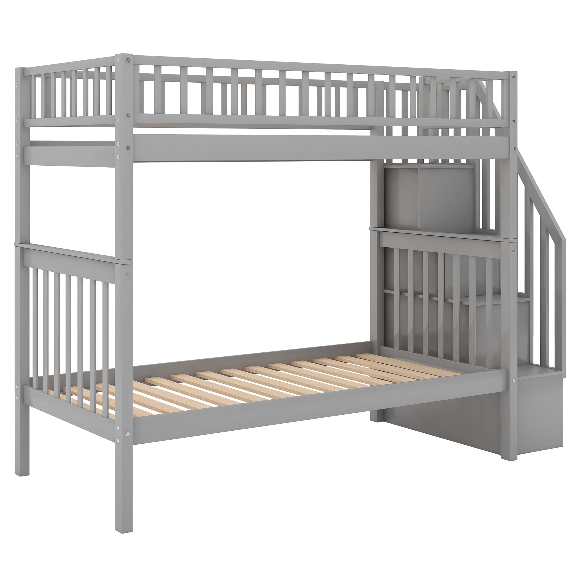 Twin over Twin Bunk Bed with Trundle and Storage -  Gray