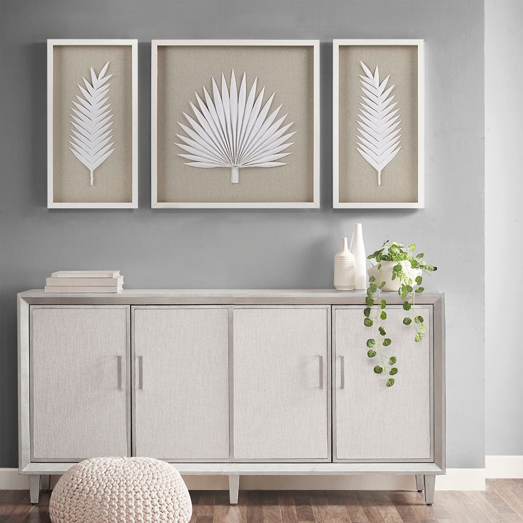Sabal Framed Rice Paper Palm Leaves 3-piece Shadowbox Wall Decor Set - Natural & White