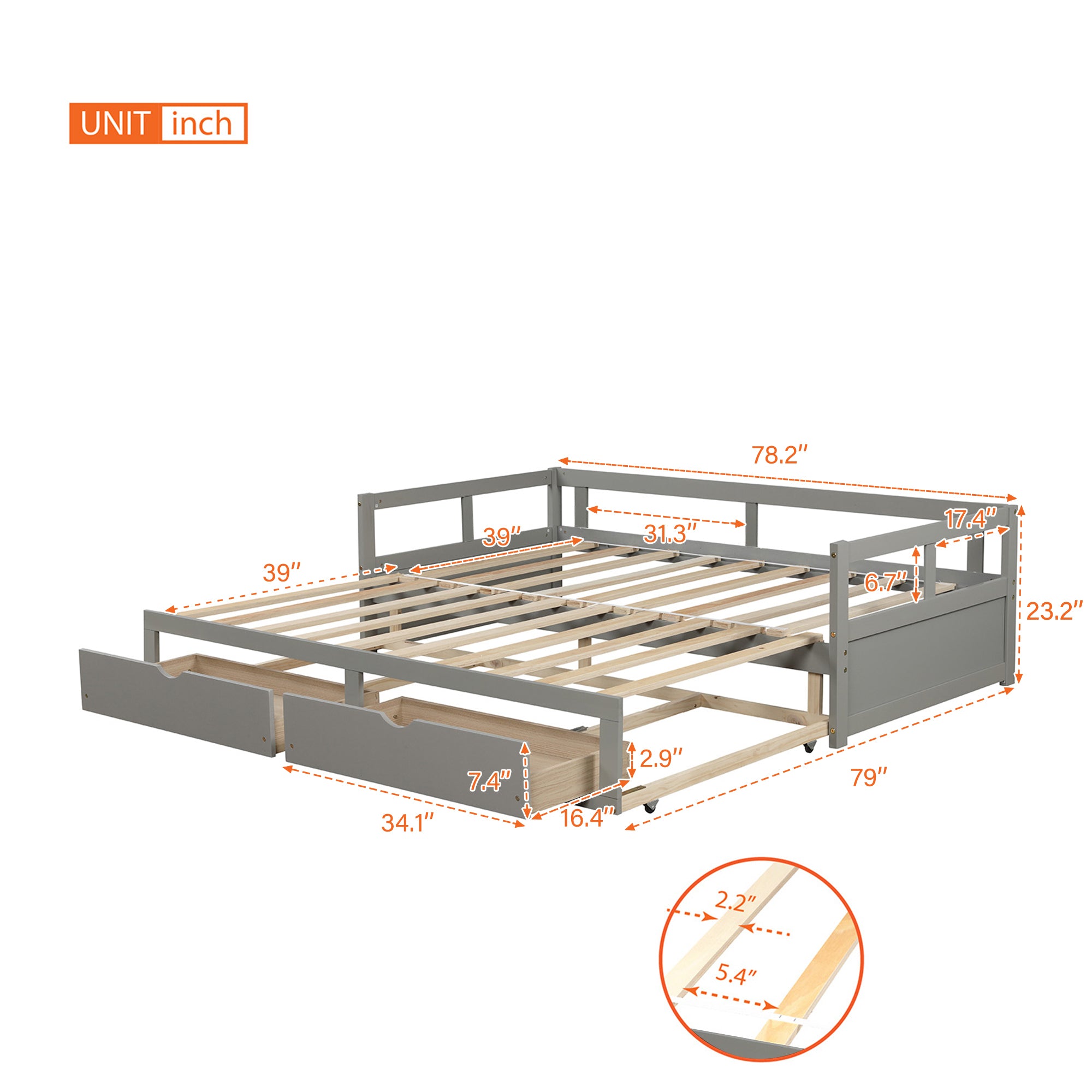 Extendable Daybed with Trundle Bed and Two Storage Drawers - Gray