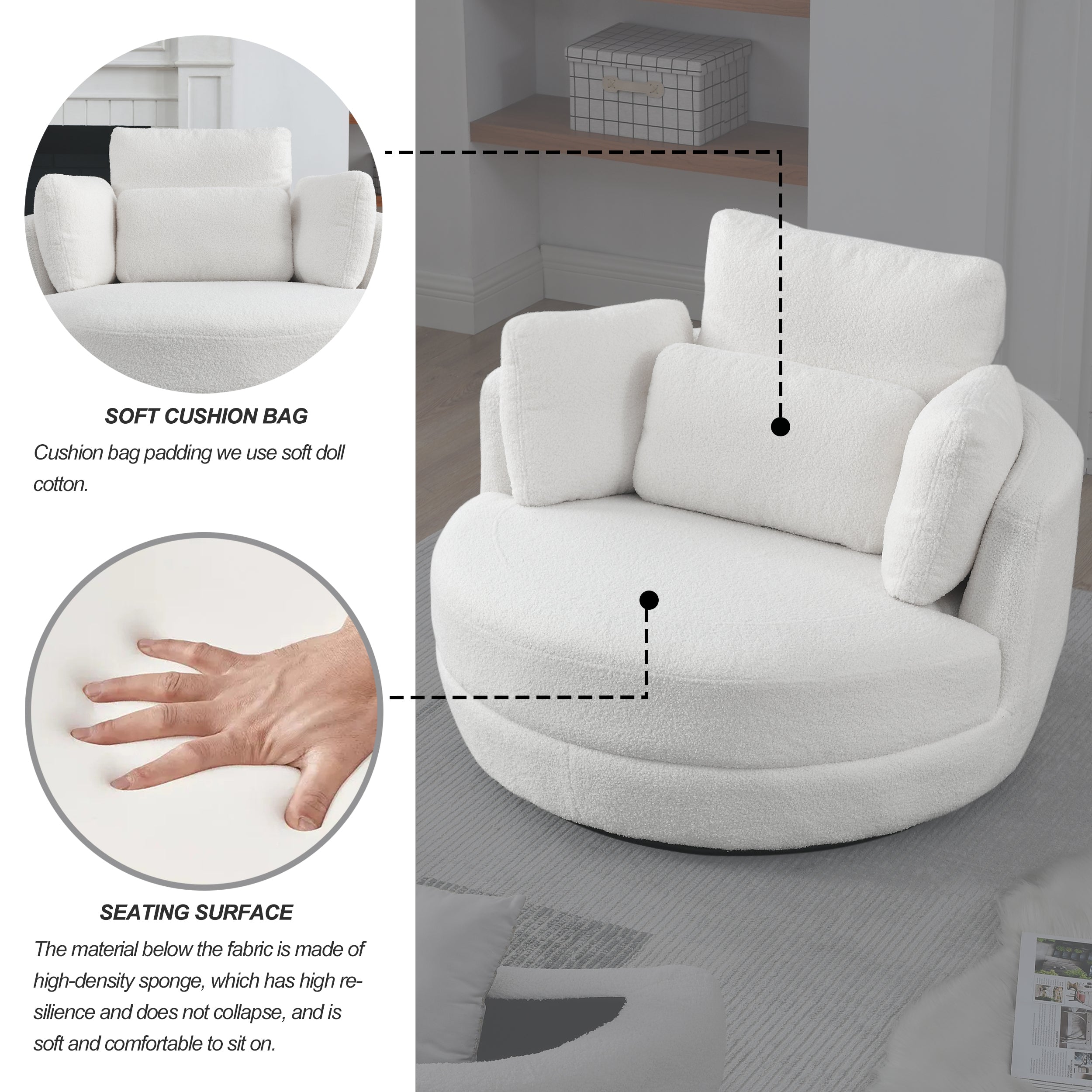39"W Oversized Swivel Chair with Moon Storage Ottoman, 4 Pillows - Teddy Fabric White