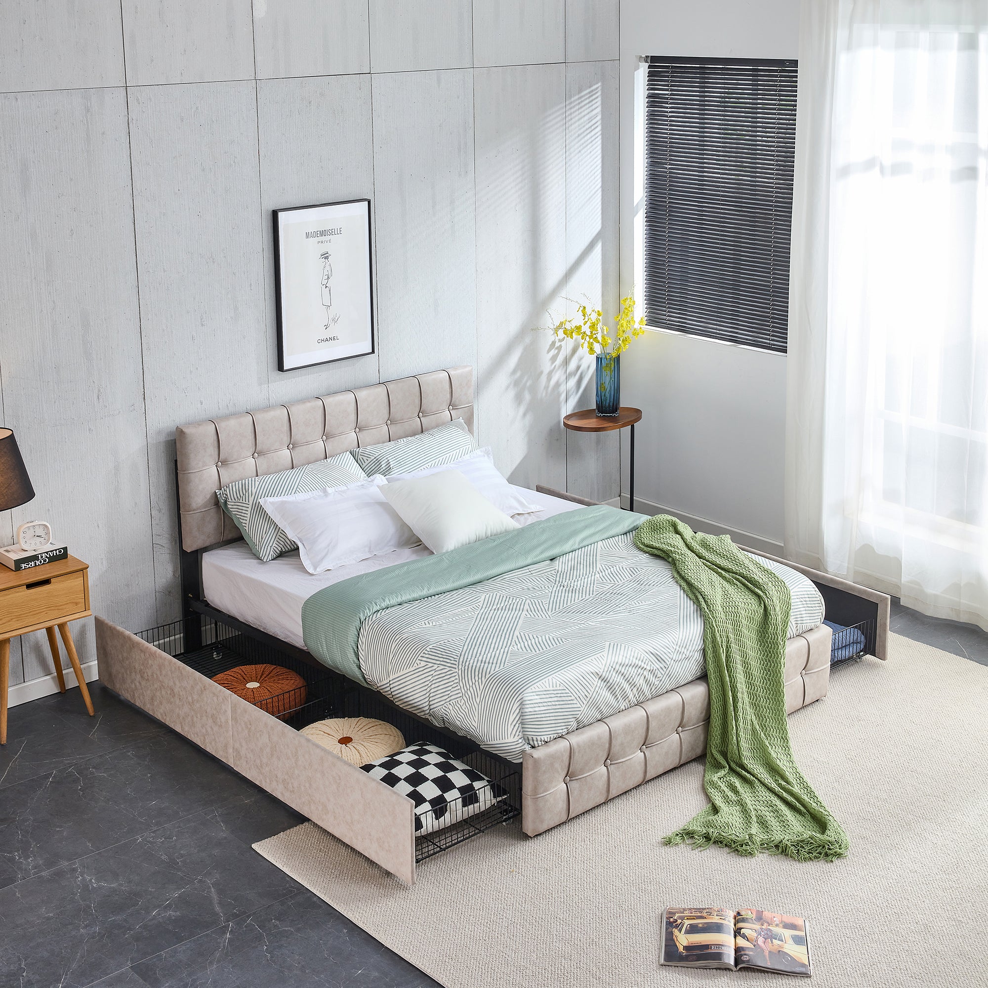 Queen Size Adjustable Headboard Height Storage Bed with 4 Drawers - Brow