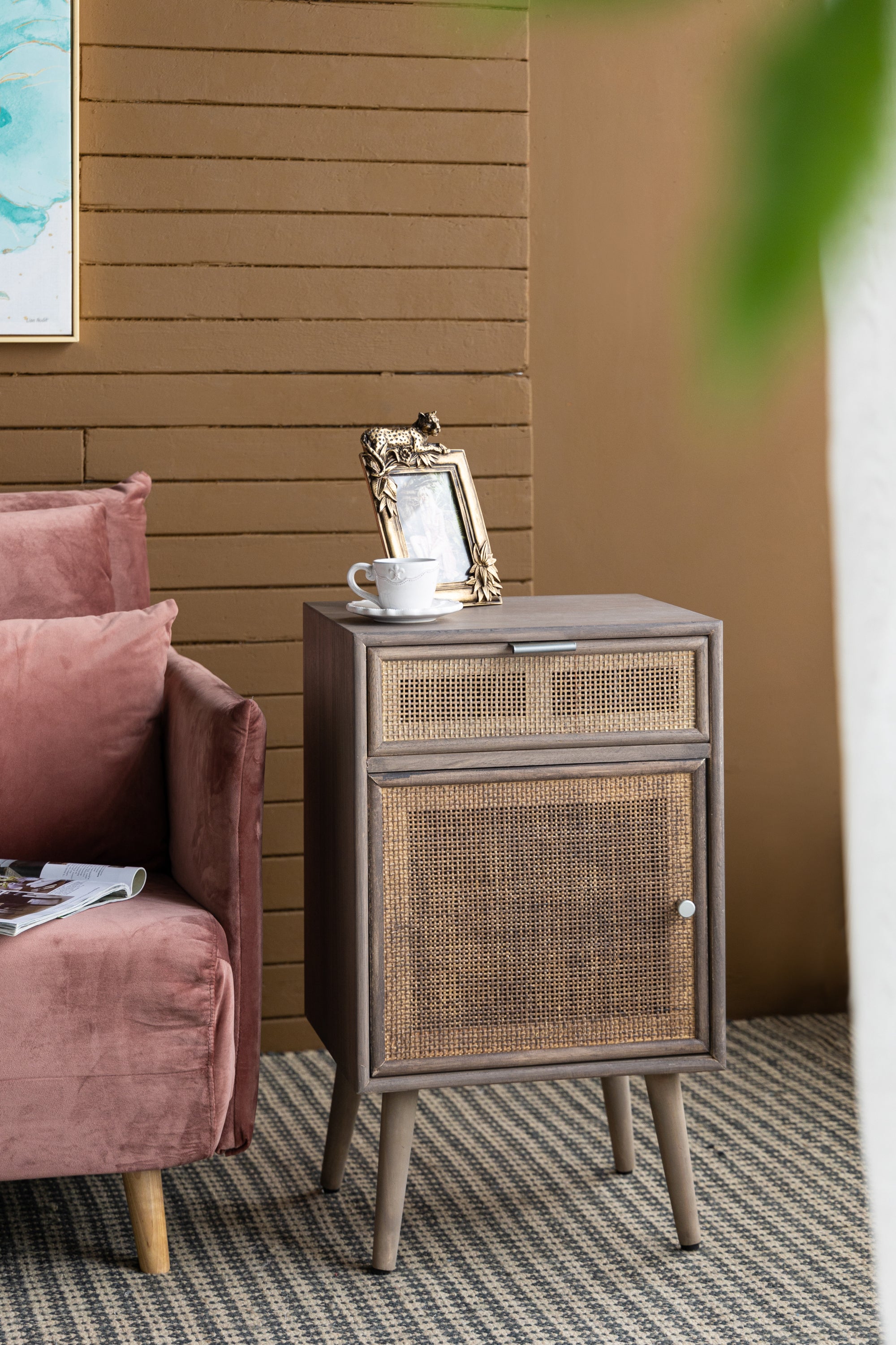 28"Tall Storage Cabinet with Grey Finished Surface Bohemian Handicraft Bedside Table with Drawer and Door