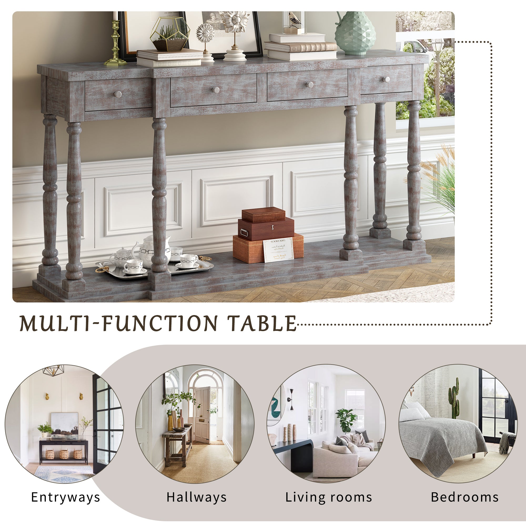 Farmhouse Console Table for Hallway with 4 Front Facing Storage Drawers and 1 Shelf