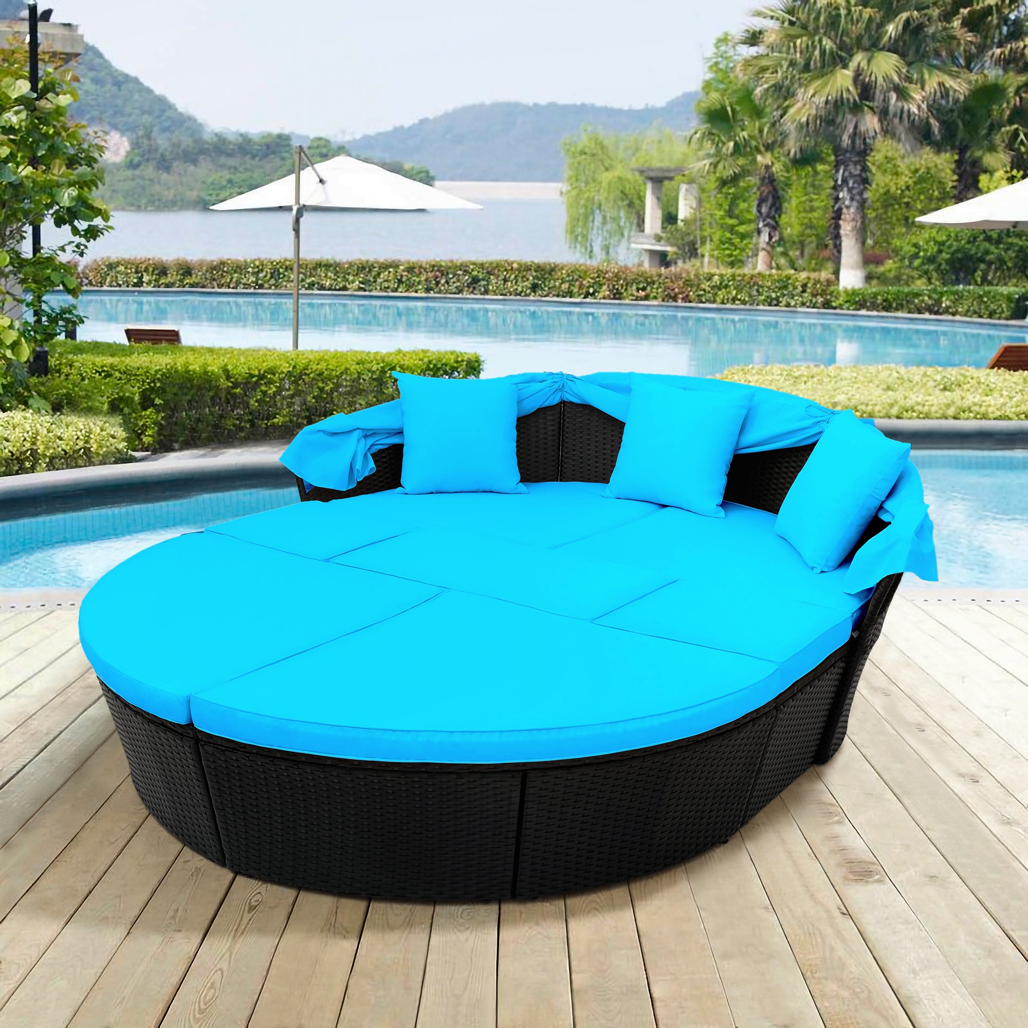Outdoor rattan daybed sunbed with Retractable Canopy Wicker Furniture, Round Outdoor Sectional Sofa Set, Black Wicker Furniture Clamshell  Seating with Washable Cushions - Blue