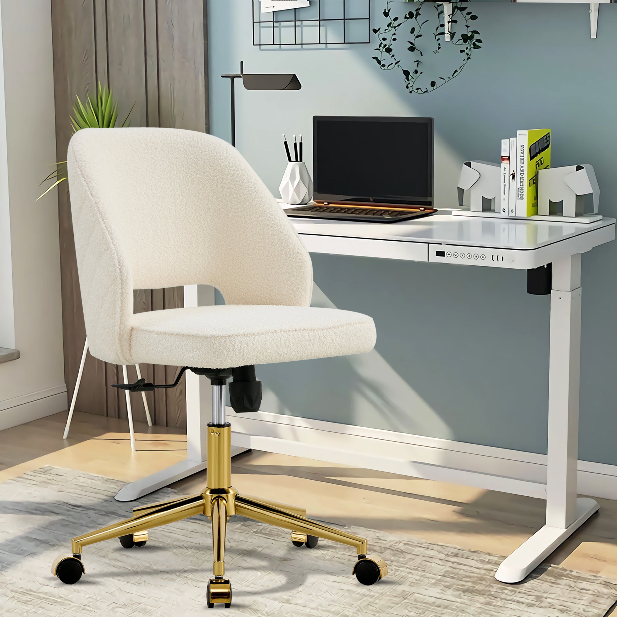 Modern Swivel Teddy Velvet Office Chairs, Adjustable 360 °- White