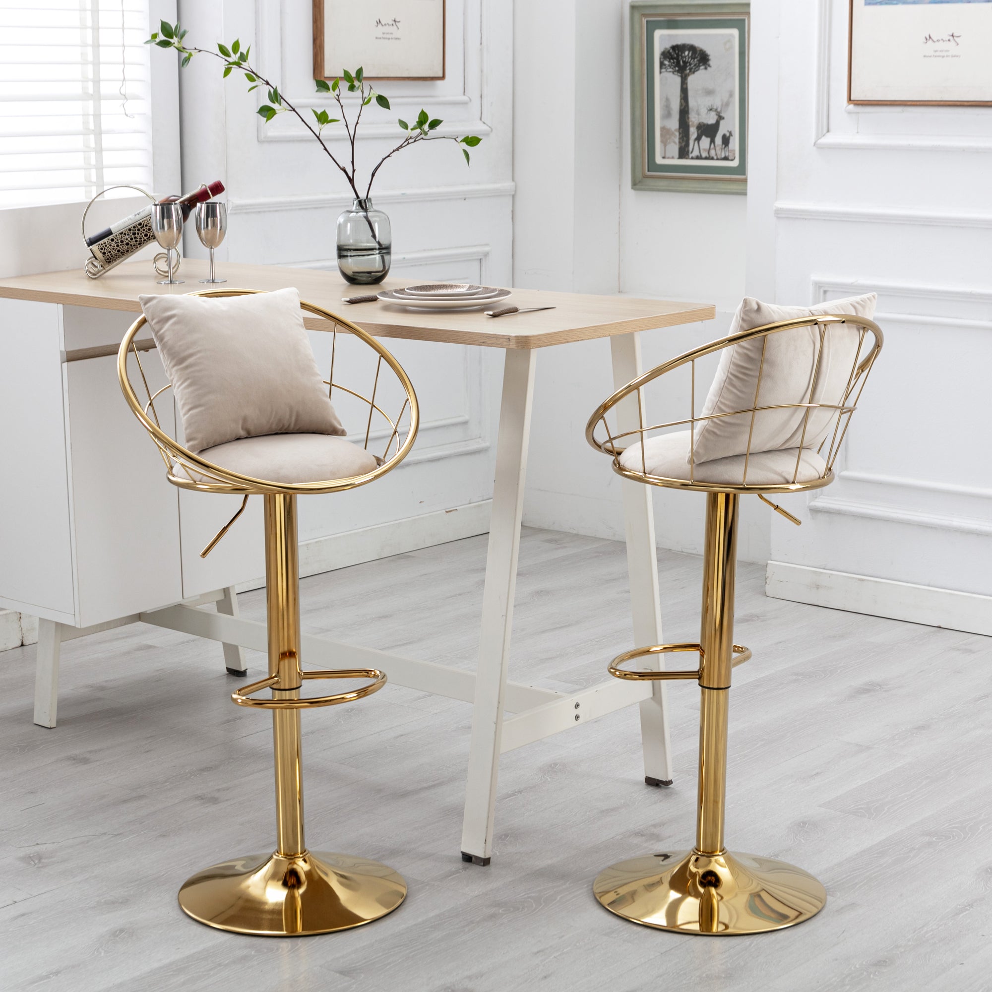 Bar Chair Pure Gold Plated Adjustable Height (Set of 2) - Off-White Velvet