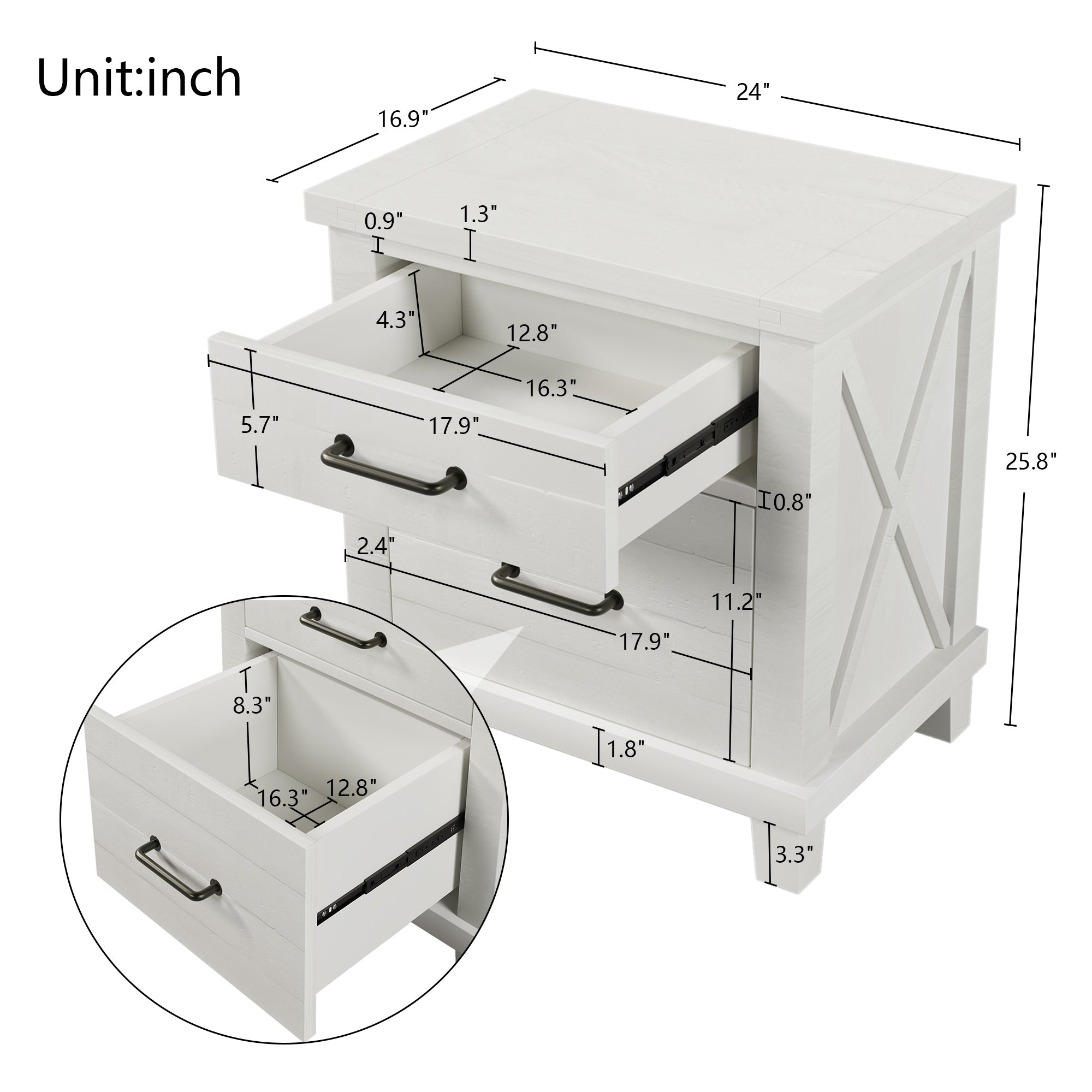 Rustic Farmhouse Style Solid Pine Wood Two-Drawer Nightstand - White