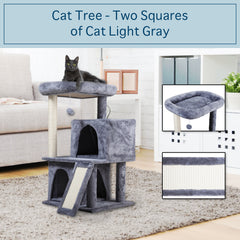 Double-layer Cat Tree with Cat house and Ladder - Light gray