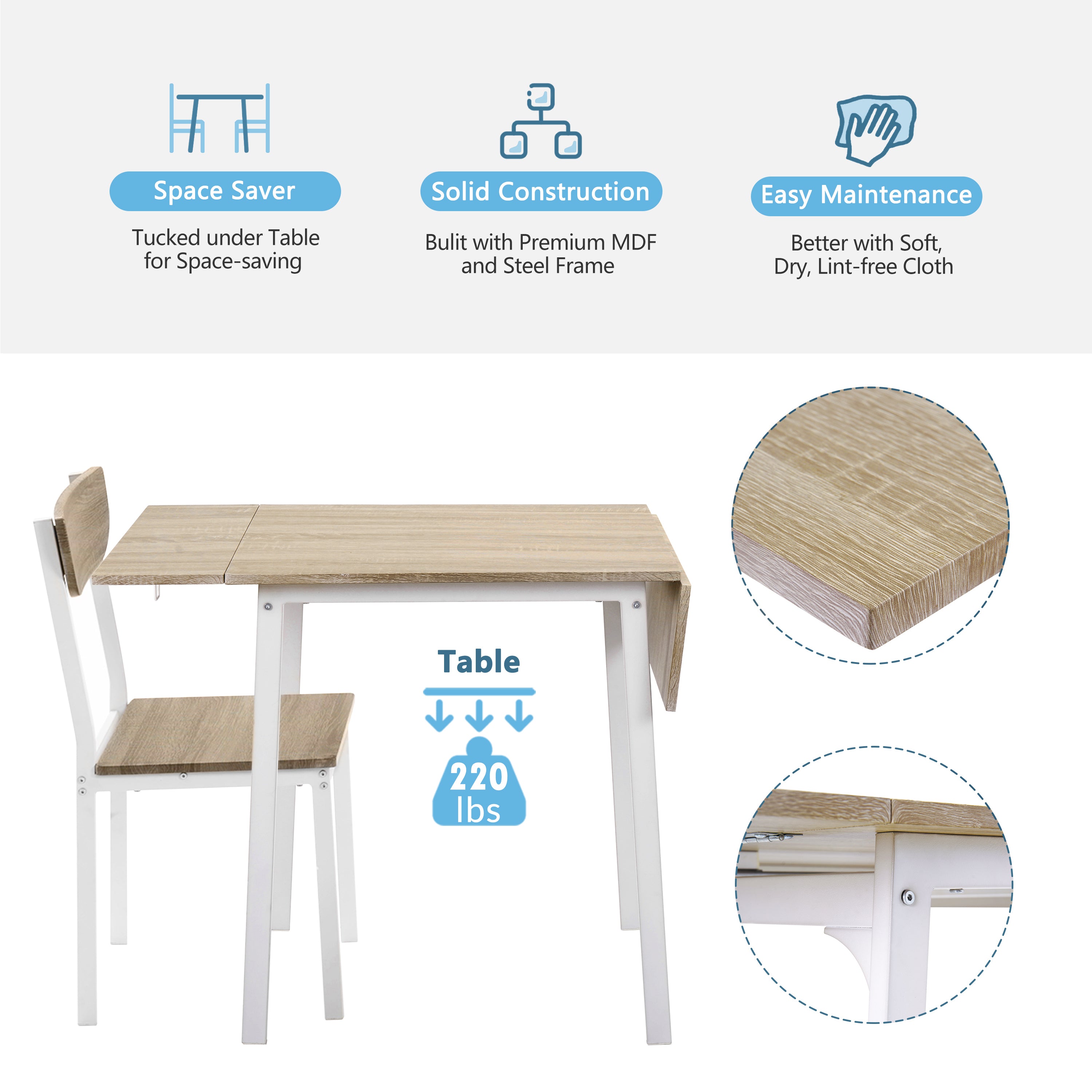 5-piece Modern Metal Dining Set with 1 Leaf Dining Table and 4 chairs - Oak Finish