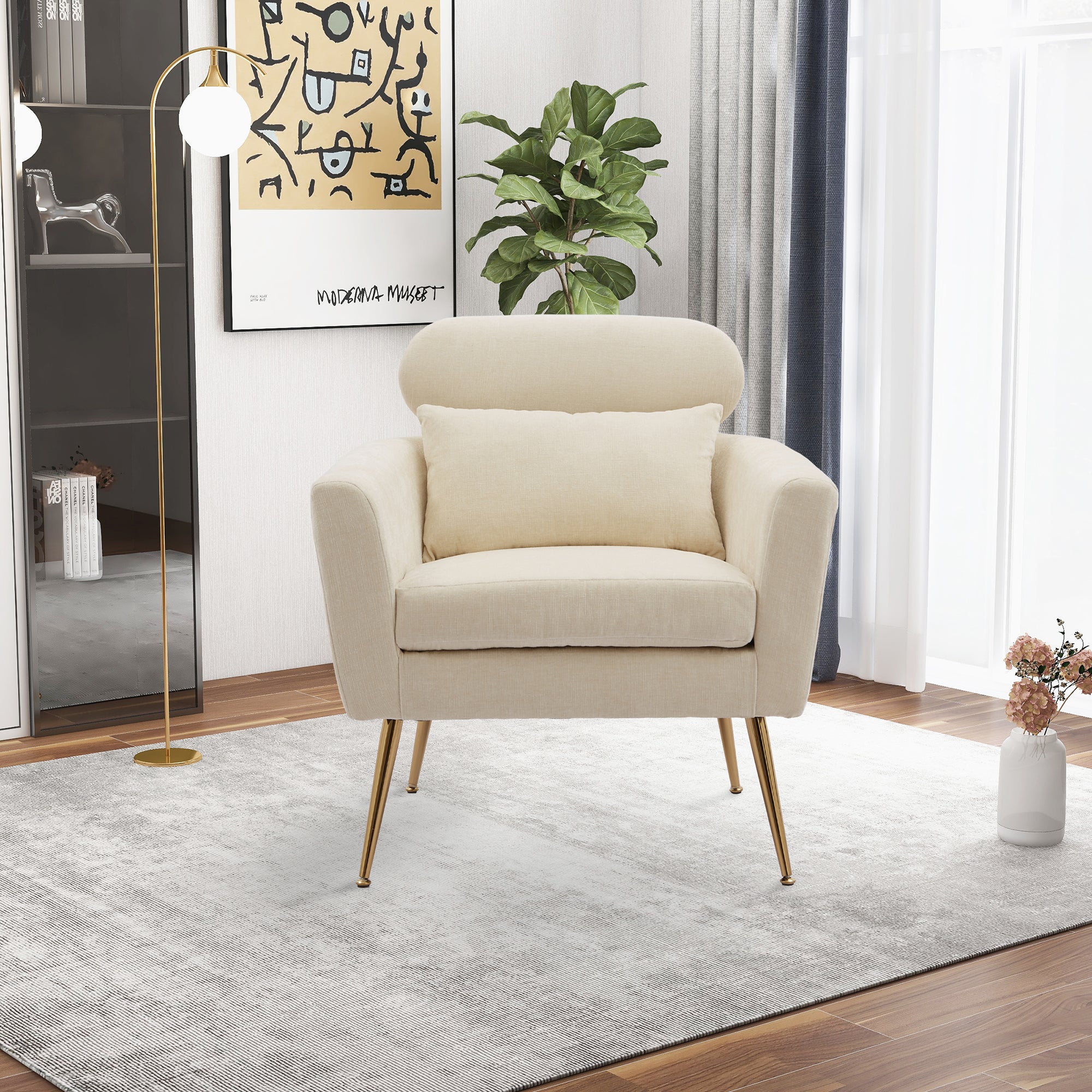 29.5"W Modern Chenille Upholstered Single Sofa Leisure Club Chair with Gold Metal Leg and Throw Pillow - Beige