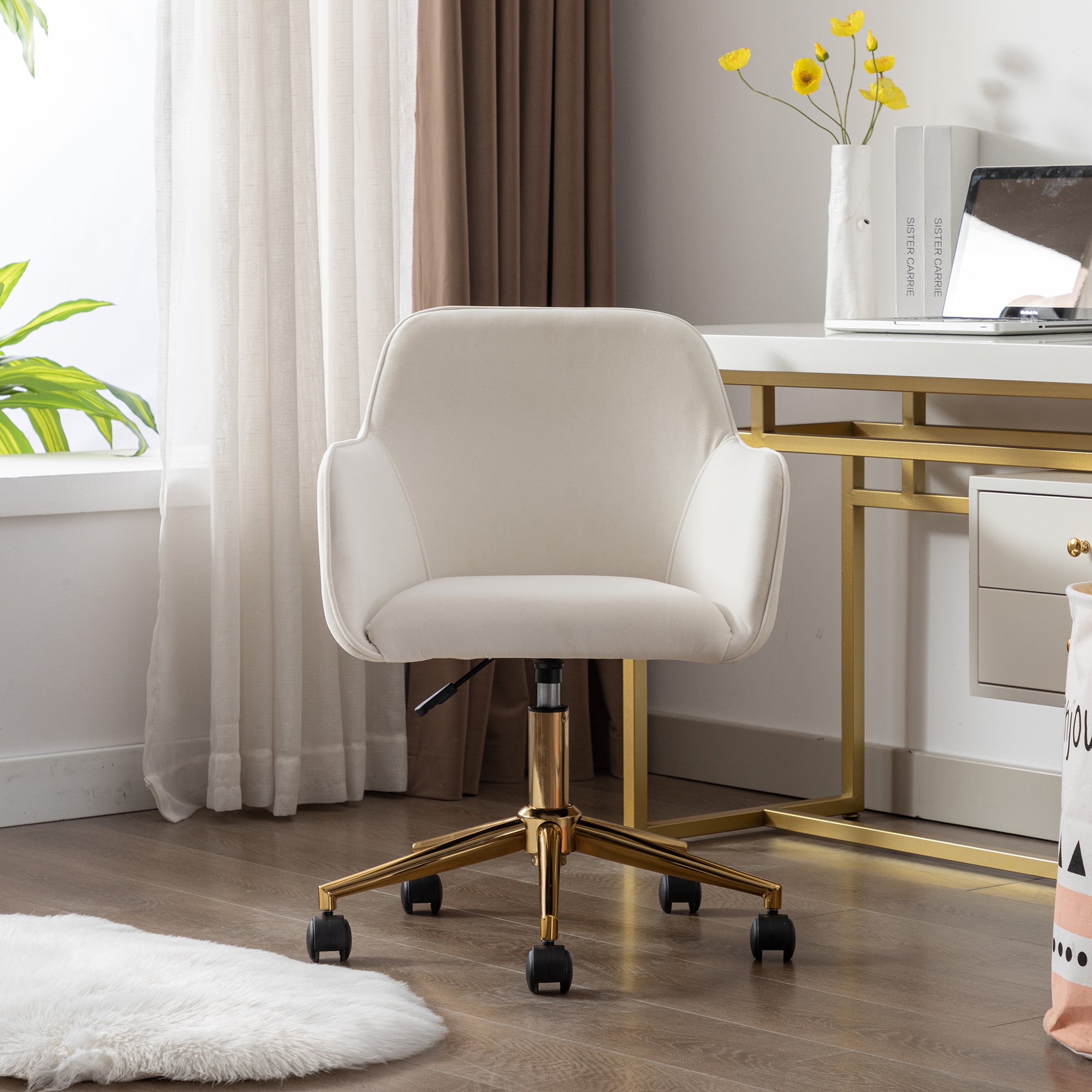Modern Velvet Adjustable Height 360 revolving Home Office Chair with Gold Metal Legs - Ivory White