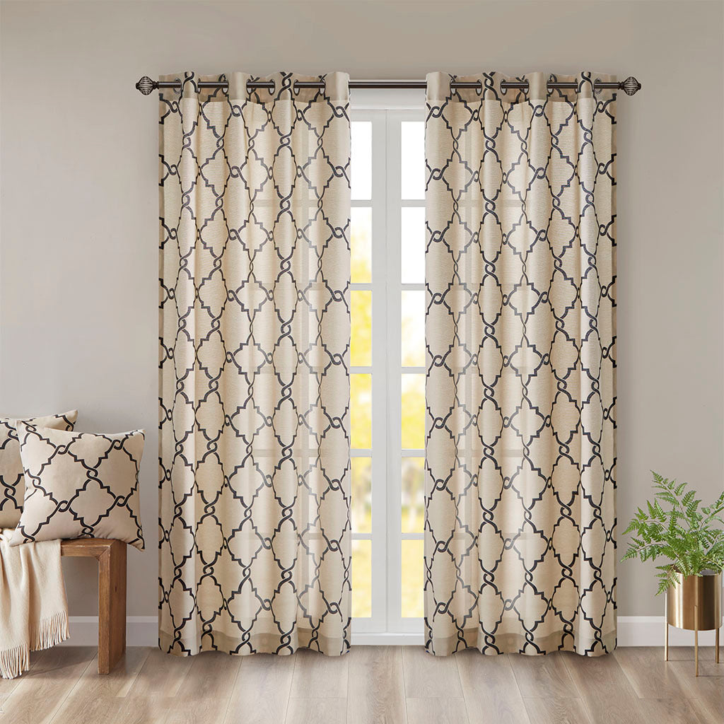 50x108"  Fretwork Print Grommet Top Window Curtain Panel - Khaki+Black (1 panel only)