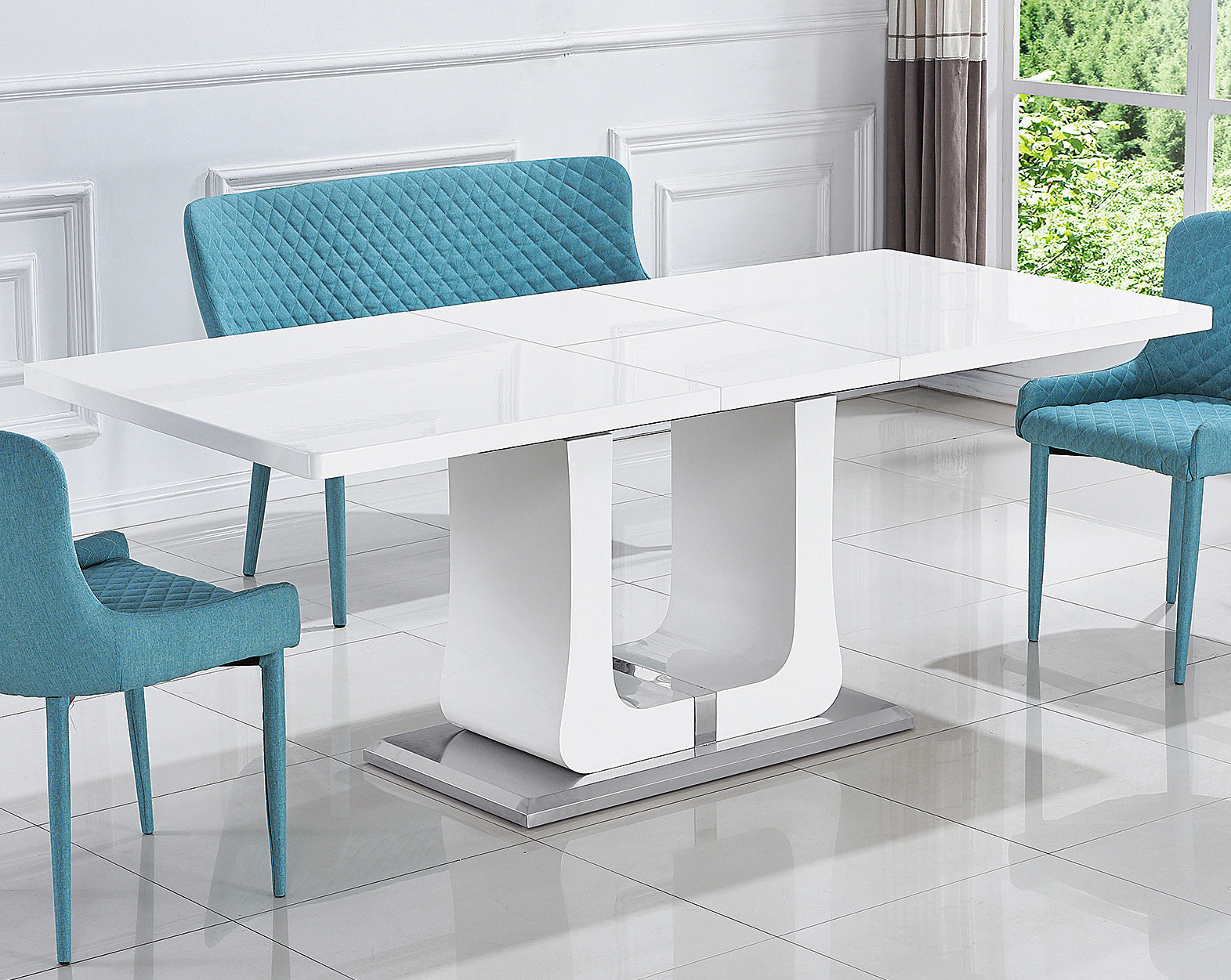 63"/78.7" Extendable Dining Table with Butterfly Leaf, High Gloss Lacquer Coating - White/Chrome