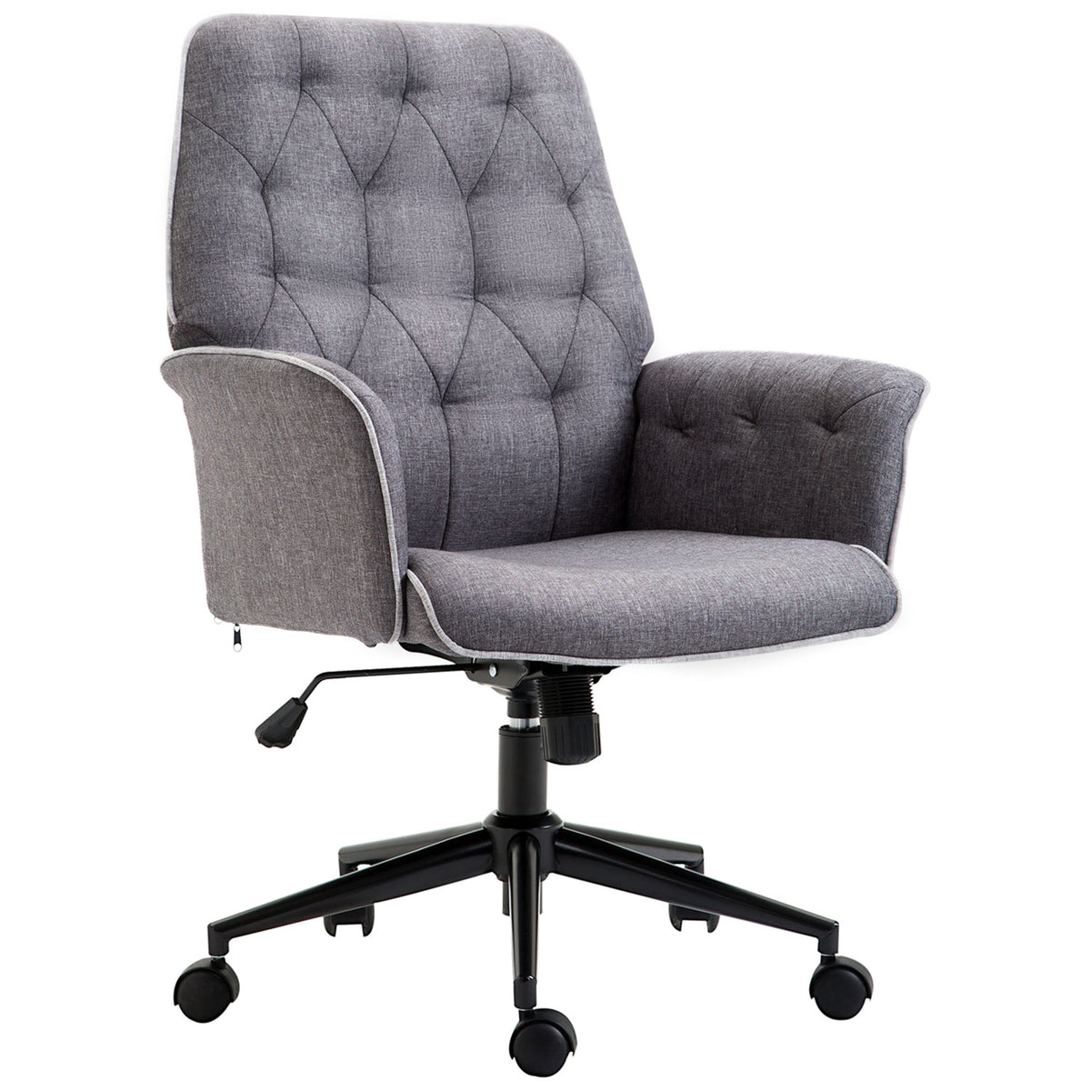 Vinsetto Linen Home Office Chair, Tufted Height Adjustable Computer Desk Chair with Swivel Wheels and Padded Armrests - Dark Gray