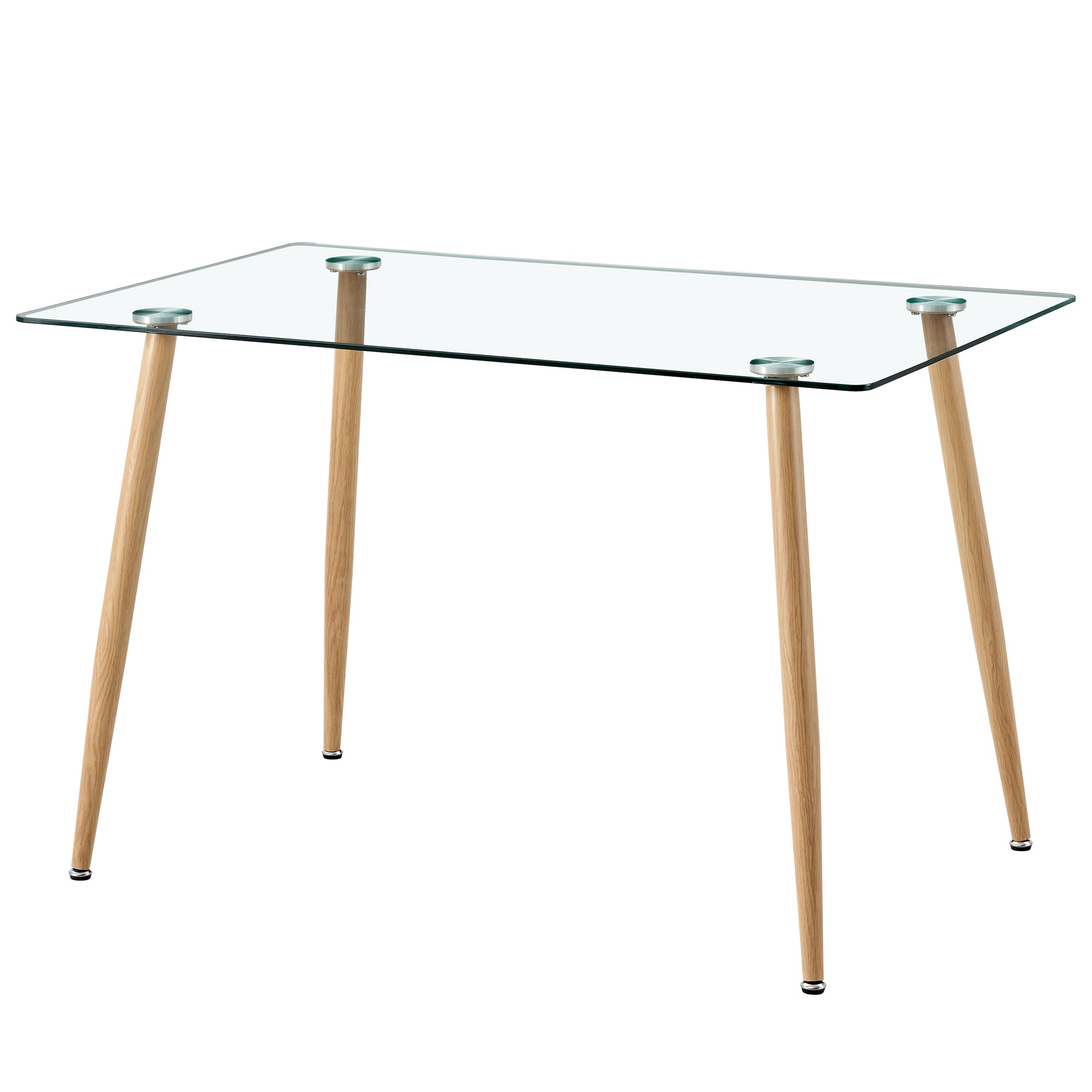 Modern Minimalist Rectangular Glass Dining Table for 4-6 with 0.31" Tempered Glass Tabletop and Wood color Coating Metal Legs - Transparent