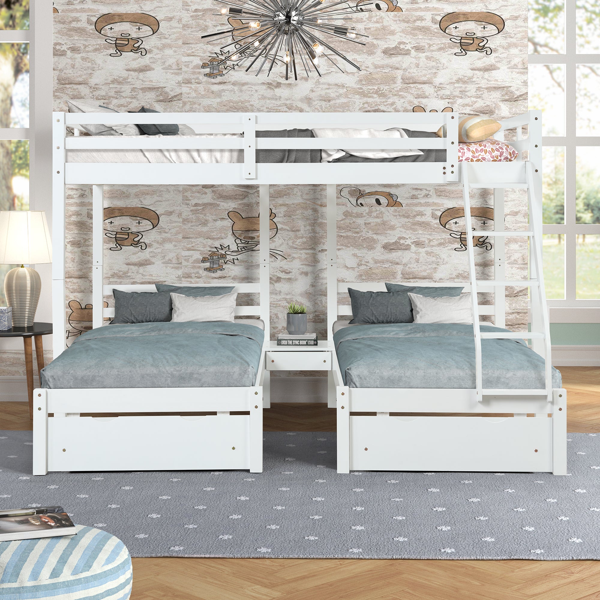 Full over Twin & Twin Bunk Bed with 3 Storage Drawers (96.8”x79”x68.3”) - White