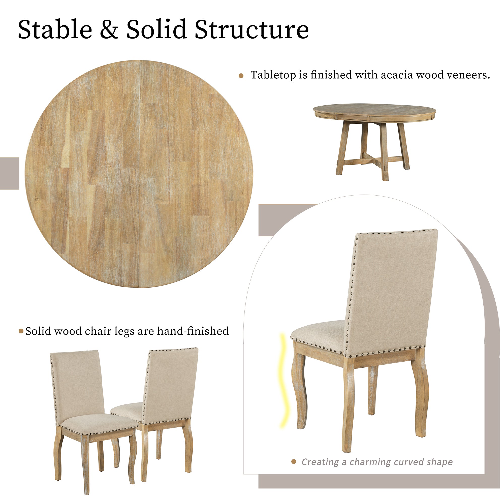 5-Piece Farmhouse Dining Table Set Wood Round Extendable Table and 4 Upholstered Chairs - Natural Wood Wash