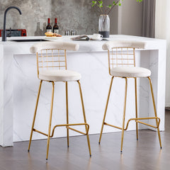 Luxury Velvet High Bar Stool with Metal Legs and Soft Back with Metal Legs (Set of 2) -Beige