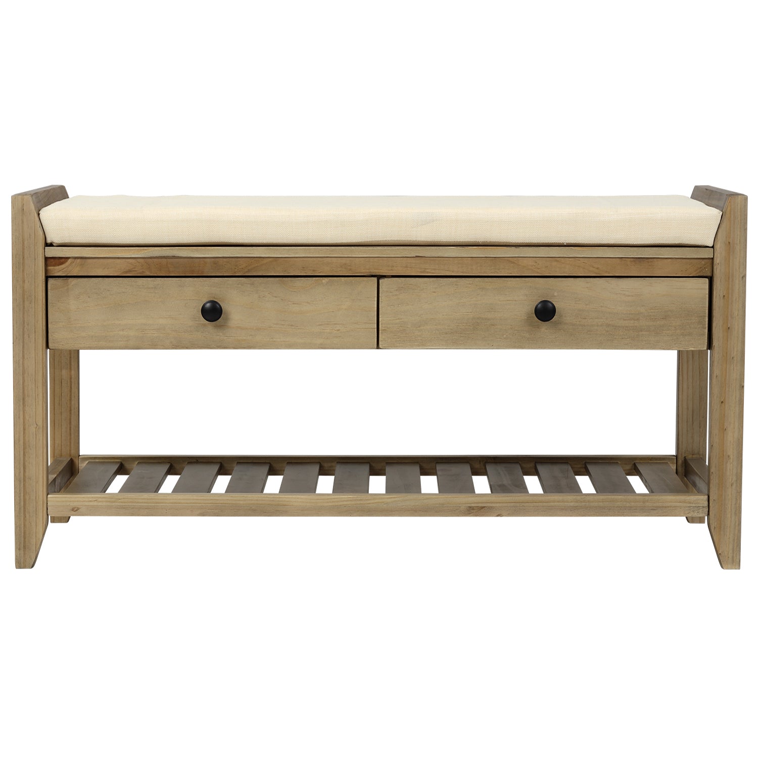 Shoe Rack with Cushioned Seat and Drawers, Multipurpose Entryway Storage Bench - Gray Wash