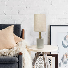 Gray Concrete Base Table Lamp with Antique Brass Detail - Khaki Fabric Shade