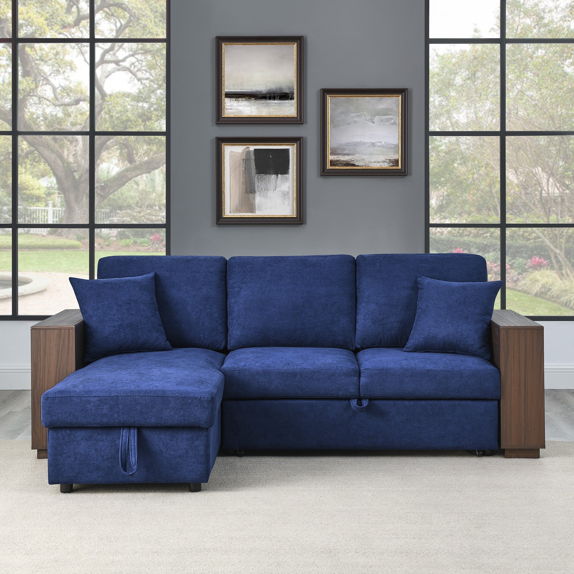 MAICOSY 88" Sleeper Sofa and Reversible Chaise Storage & Two Pillows, Navy Blue