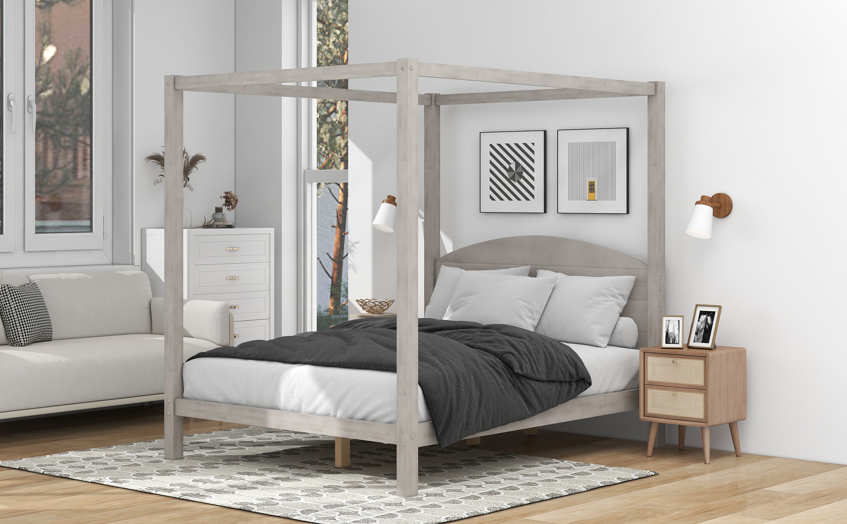 Queen Size Canopy Platform Bed with Headboard and Support Legs - Grey Wash