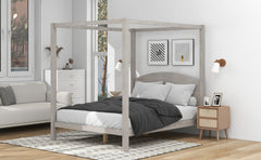 Queen Size Canopy Platform Bed with Headboard and Support Legs - Grey Wash