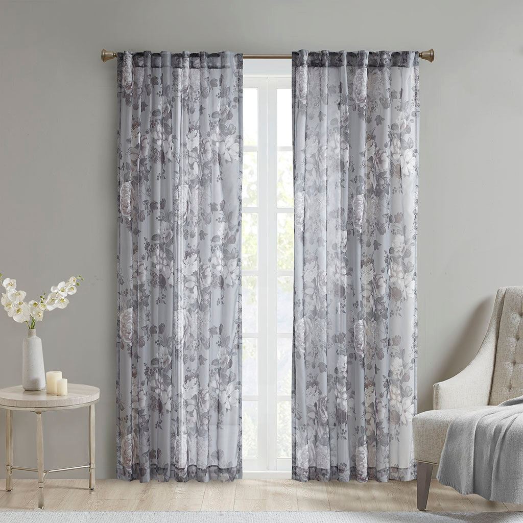 Printed Floral Rod Pocket and Back Tab Voile Sheer Curtain - Grey
