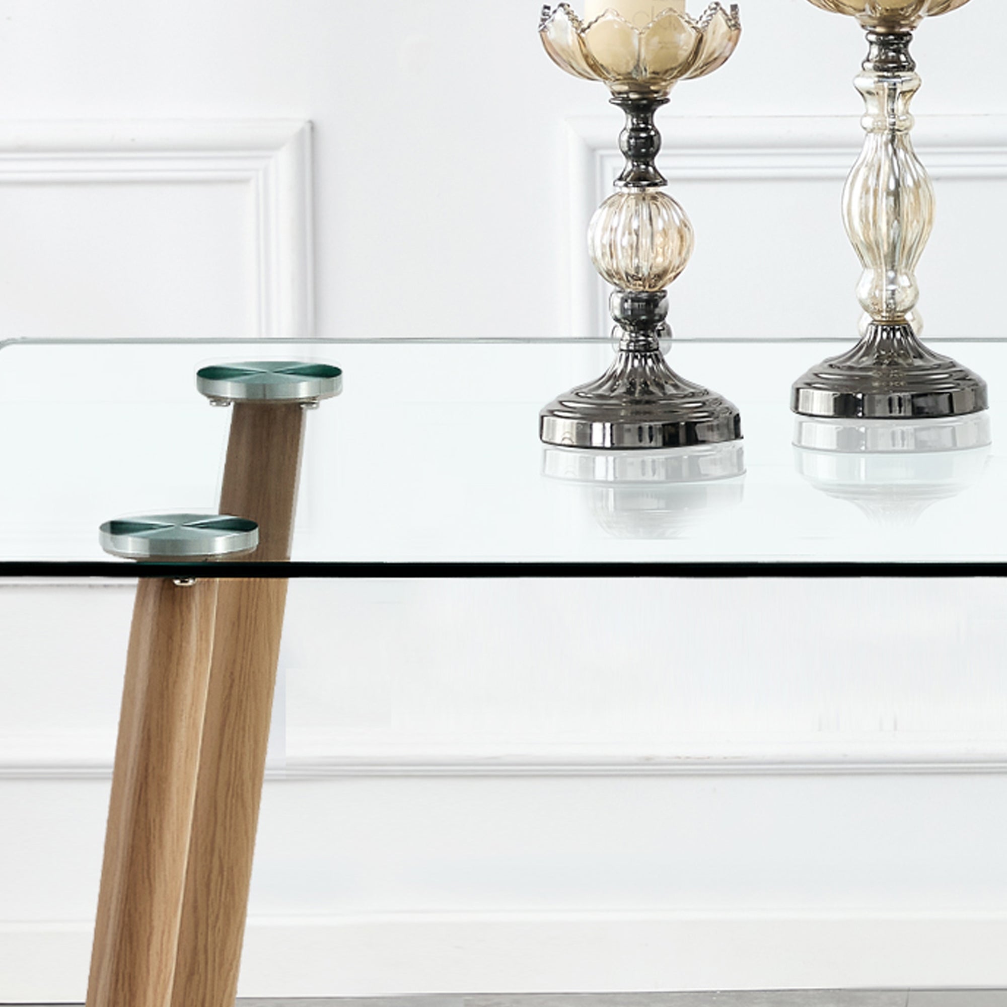 Modern Minimalist Rectangular Glass Dining Table for 4-6 with 0.31" Tempered Glass Tabletop and Wood color Coating Metal Legs - Transparent