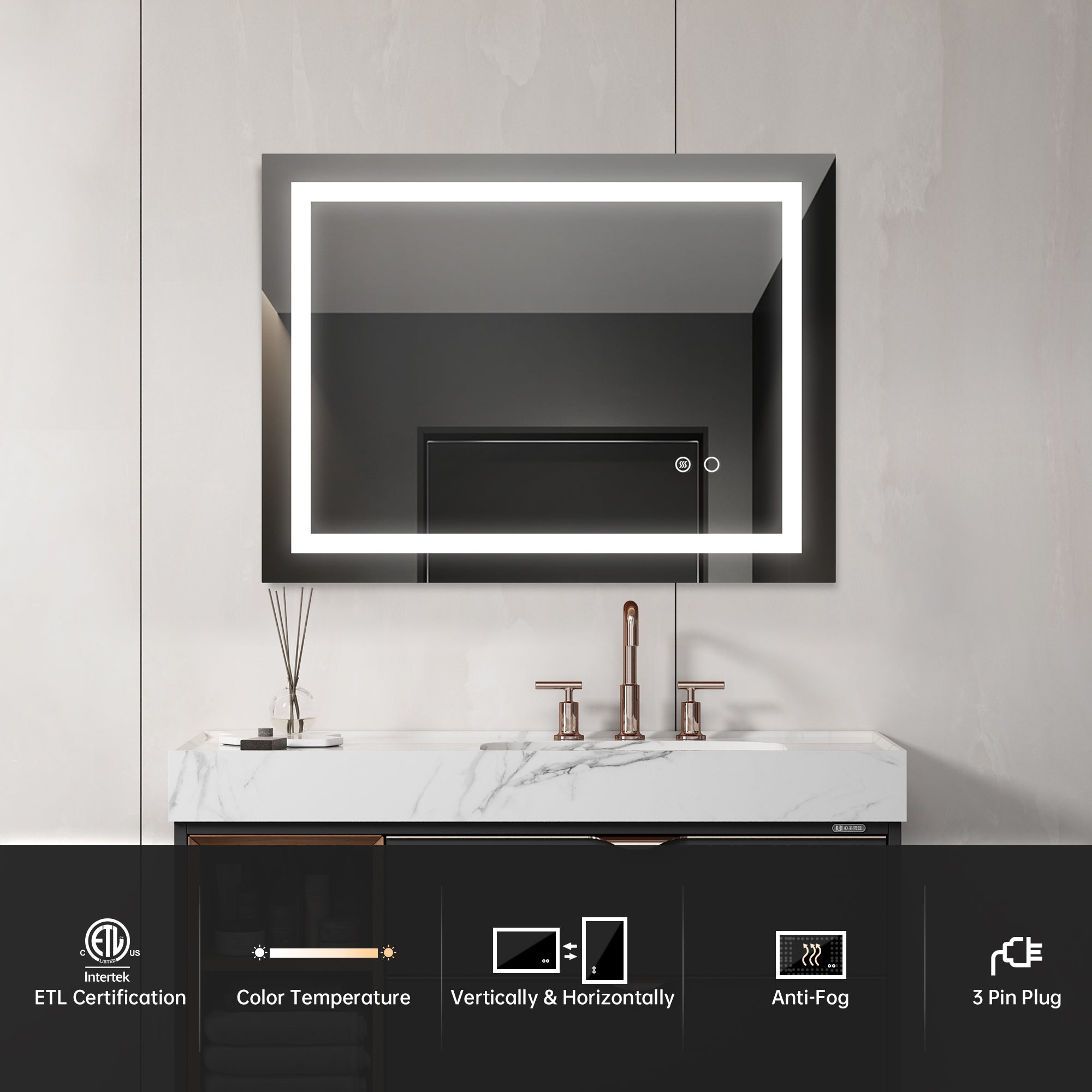MAICOSY LED Lighted Mirror Bathroom Mirrors Wall Touch Dimmable Anti-Fog 32"x24"