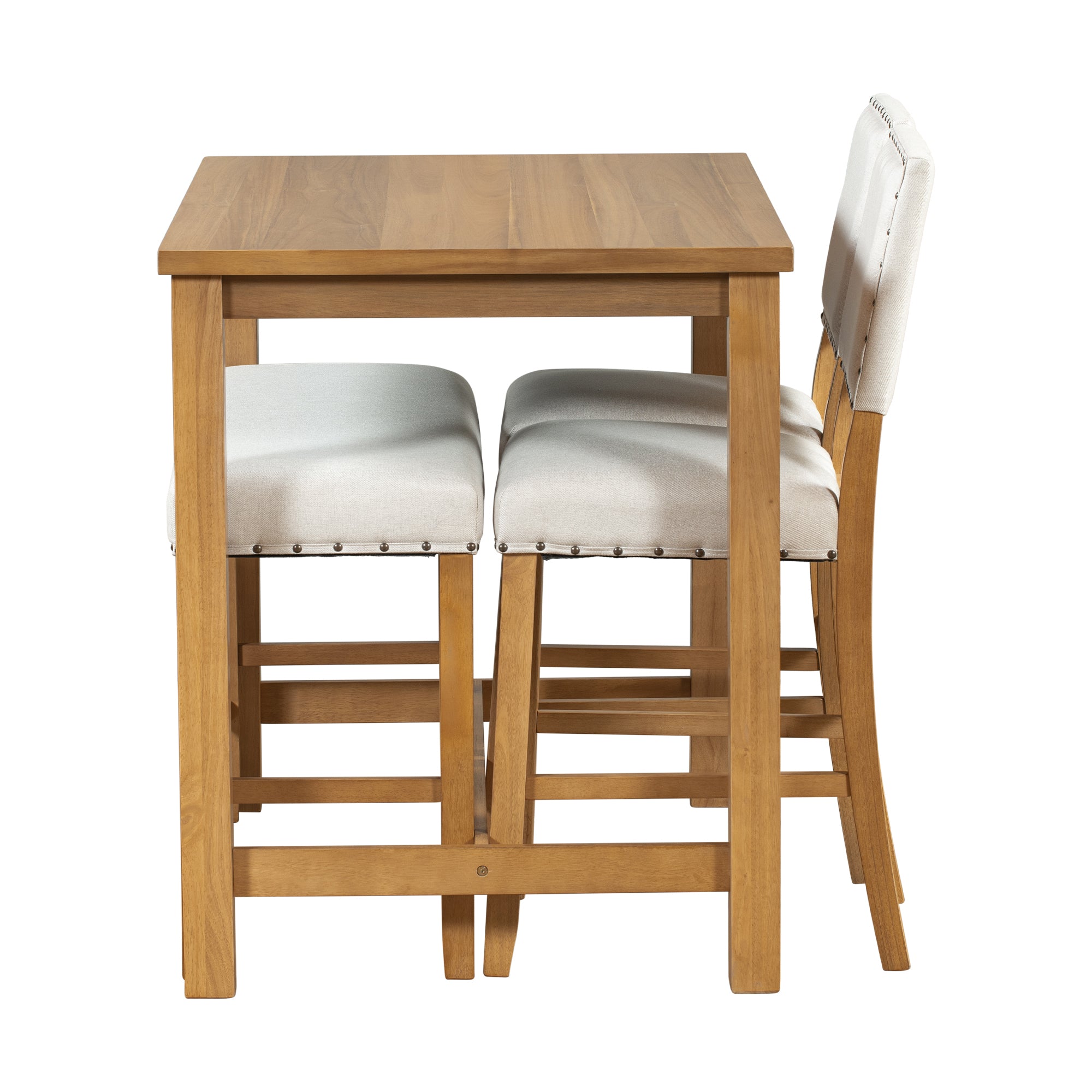 4 Piece Rustic Wooden Counter Height Dining Table Set with Upholstered Bench - Natural+Beige