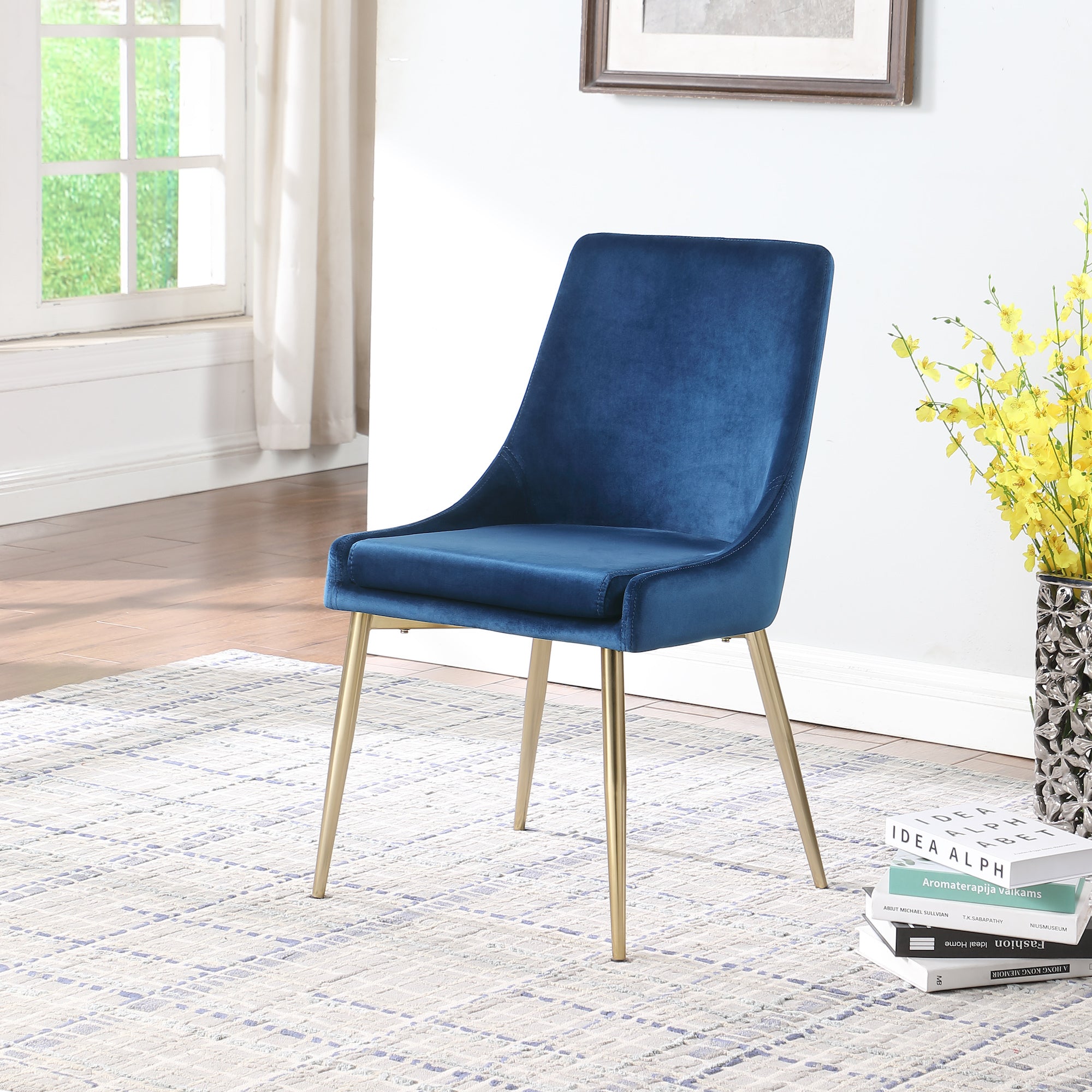 Contemporary Velvet Upholstered Dining Chair with Sturdy Metal Legs (Set of 2) - Blue