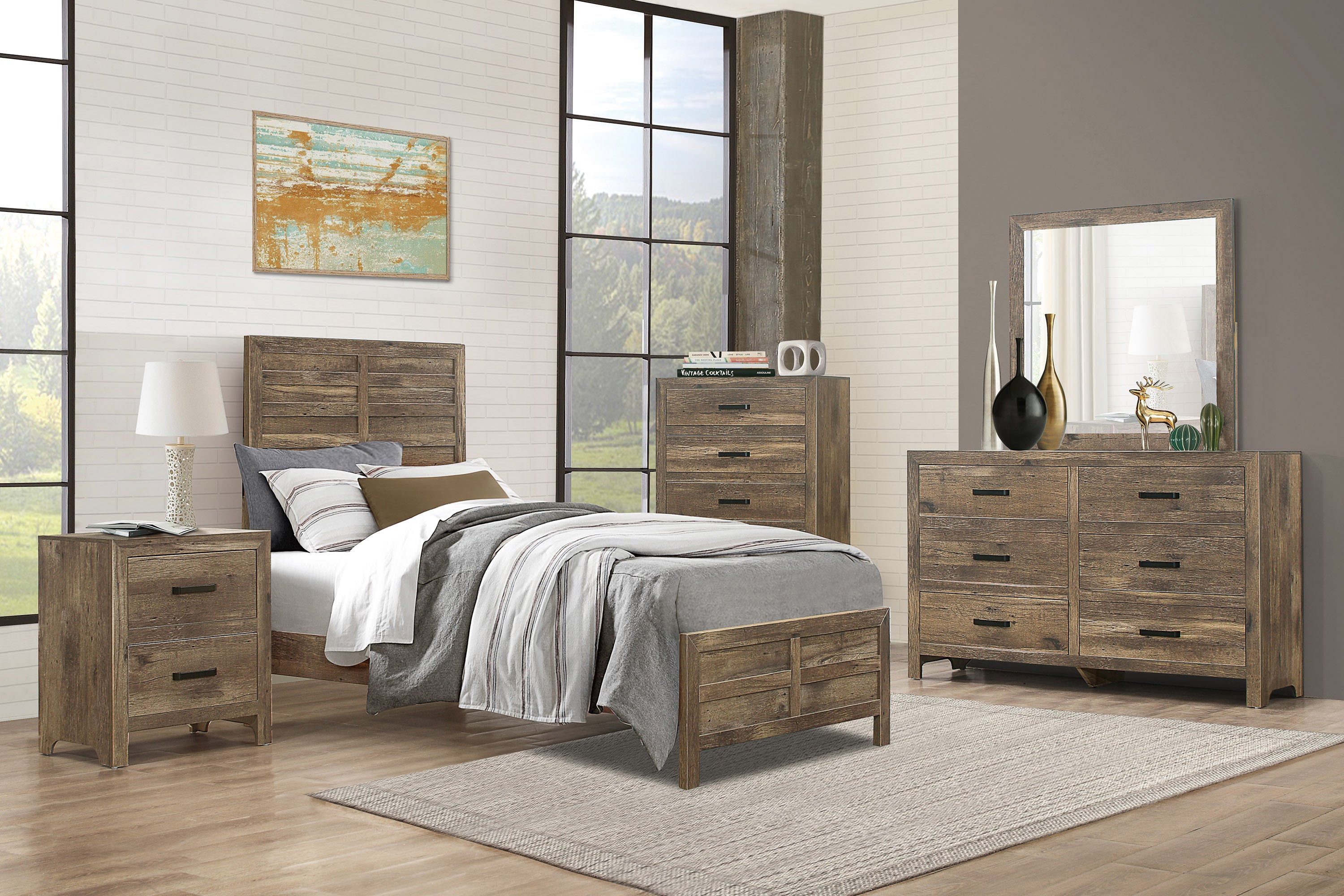 Bedroom Wooden Nightstand Weathered Pine Finish