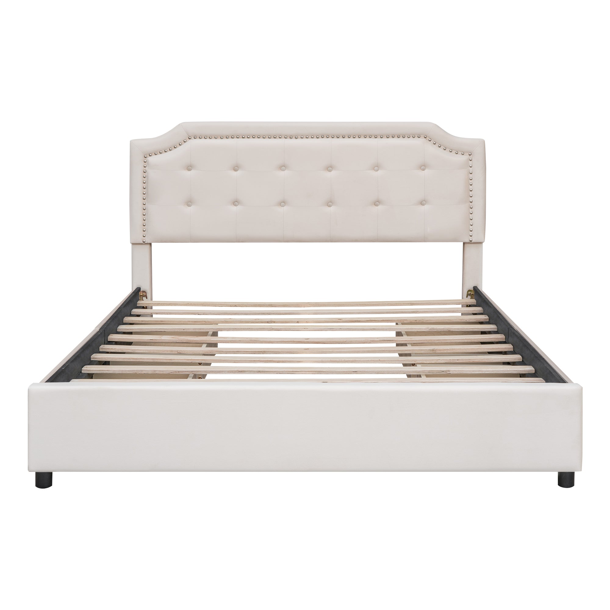 Queen Bed Upholstered Platform with Classic Headboard and 4 Drawers - Beige