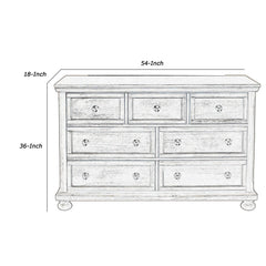 7 Drawer Wooden Dresser with Metal Pulls and Bun Feet - Distressed Brown