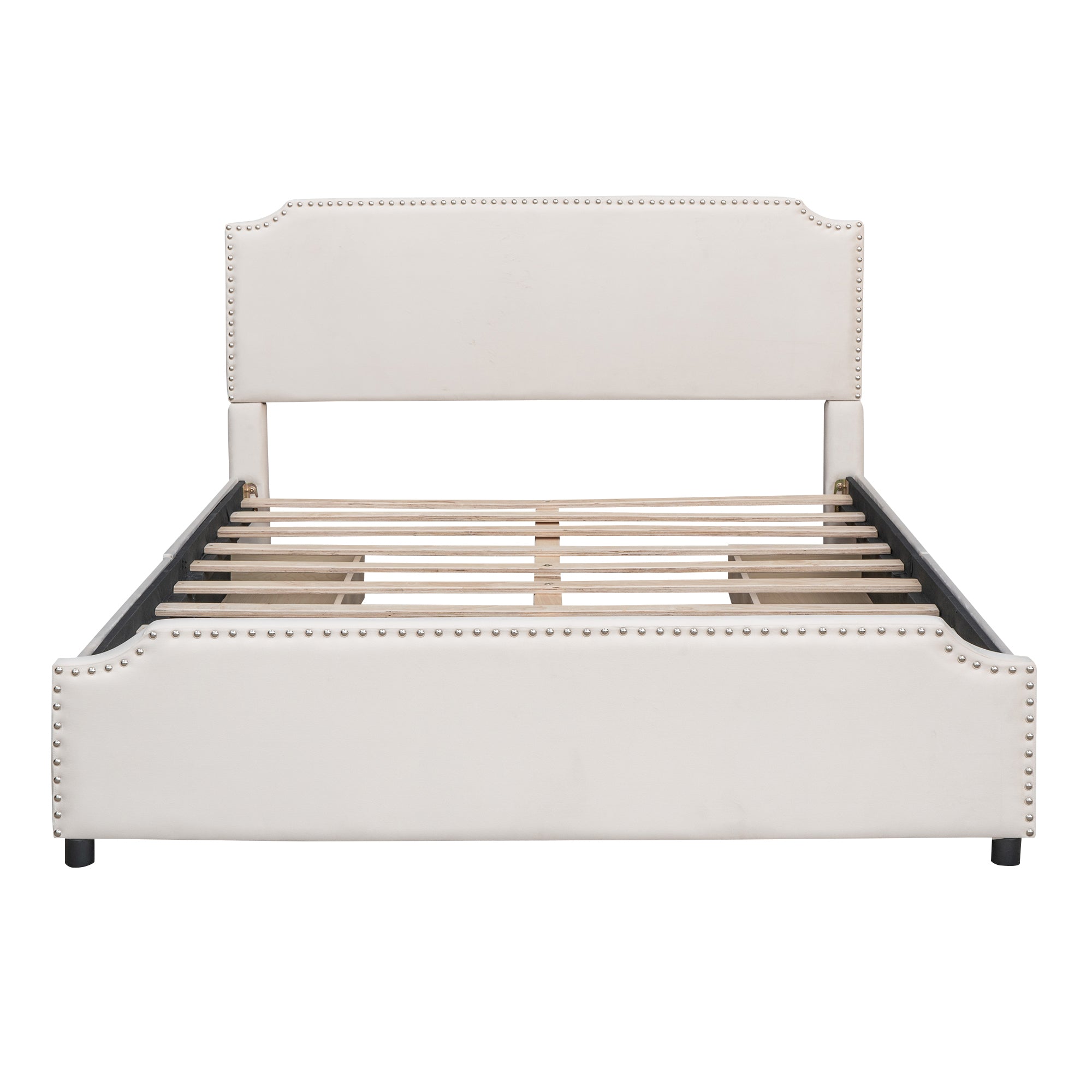 Queen Size Upholstered Platform Bed with Stud Trim Headboard and Footboard and 4 Drawers No Box Spring Needed, Velvet Fabric - Beige