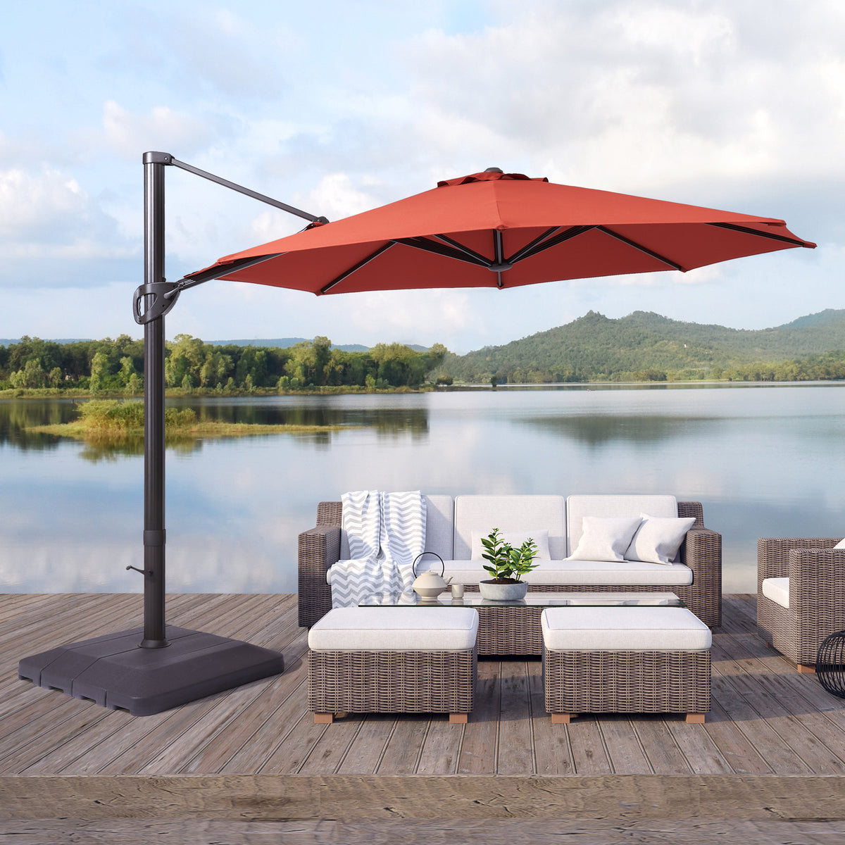 Patio Cantilever Umbrella with Weight Base for Deck, Pool and Backyard - Red