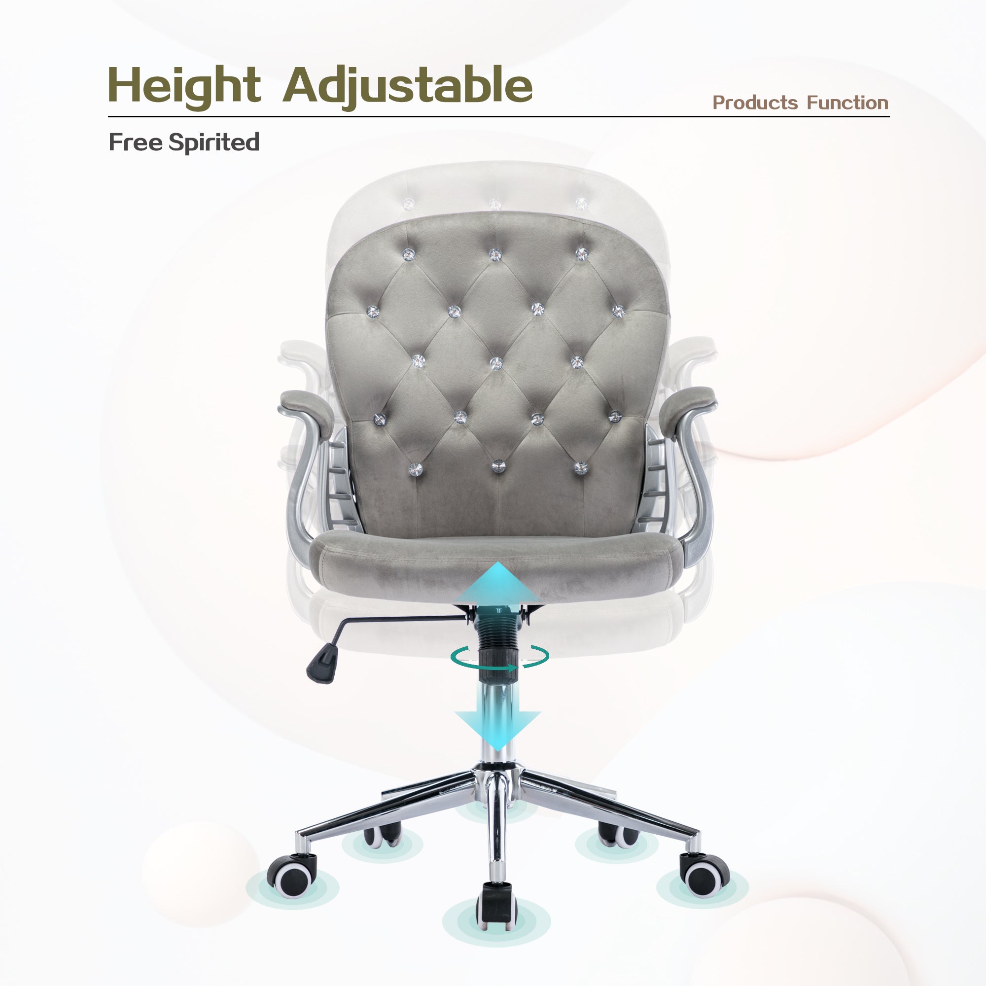 Velvet Home Office Chair with Wheels with Side Arms and Wheels 360° - Grey