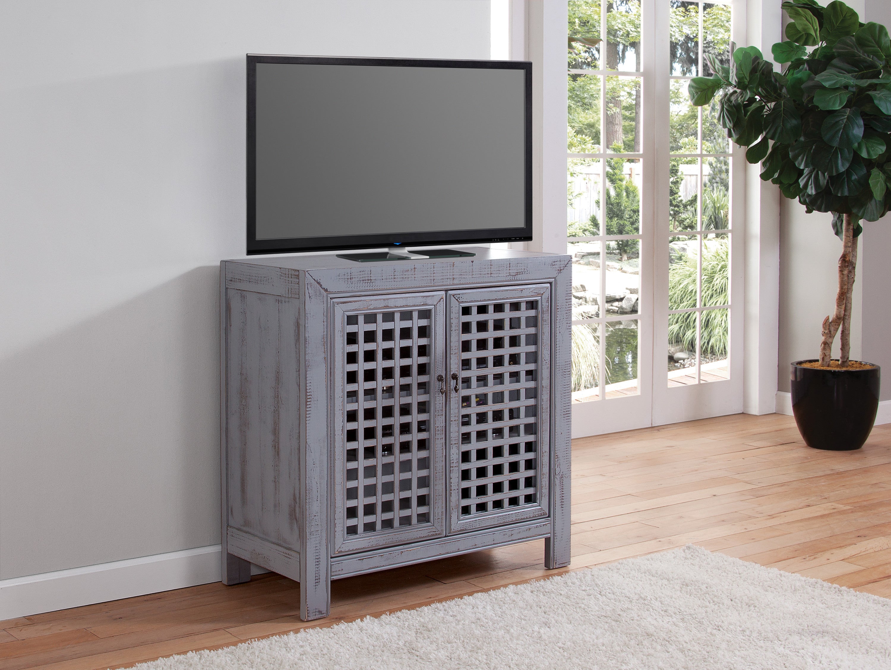 Farmhouse Inspired Accent Cabinet - Lattice Work Front - Distressed Grey Finish