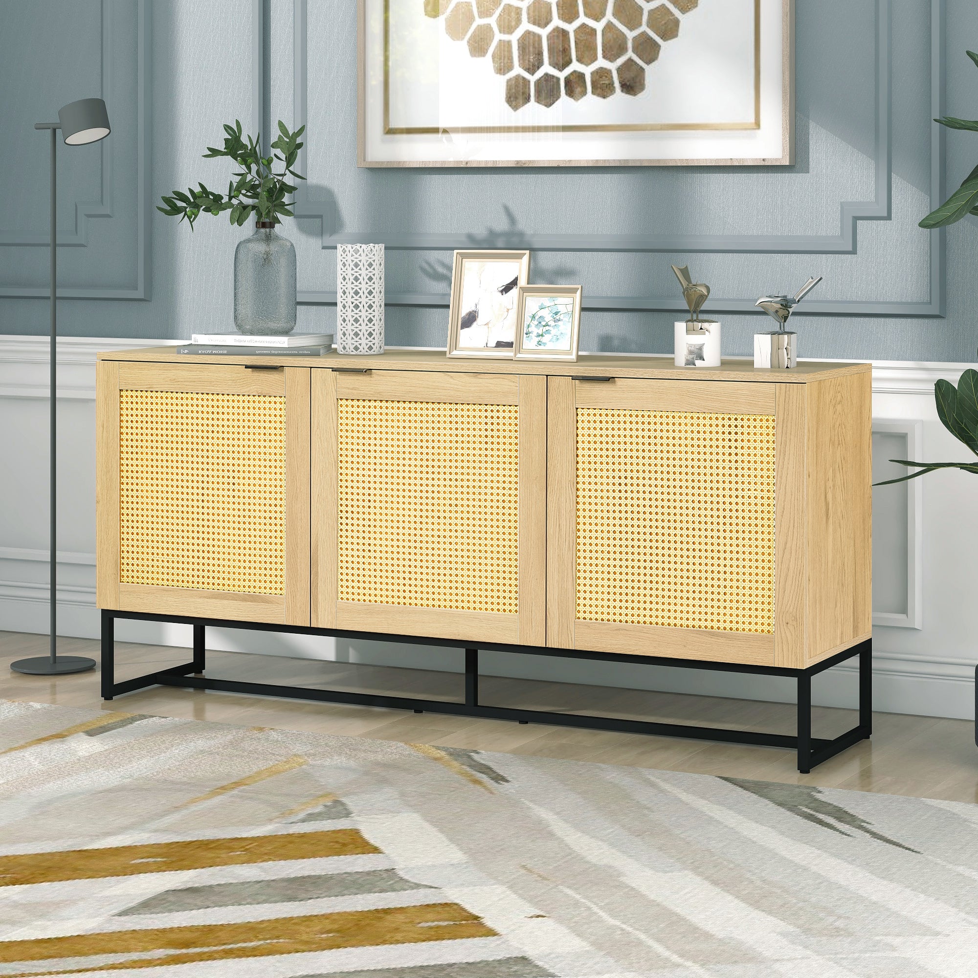 Wicker Sideboard Storage Cabinet 63 inch, with 3 doors - Natural color