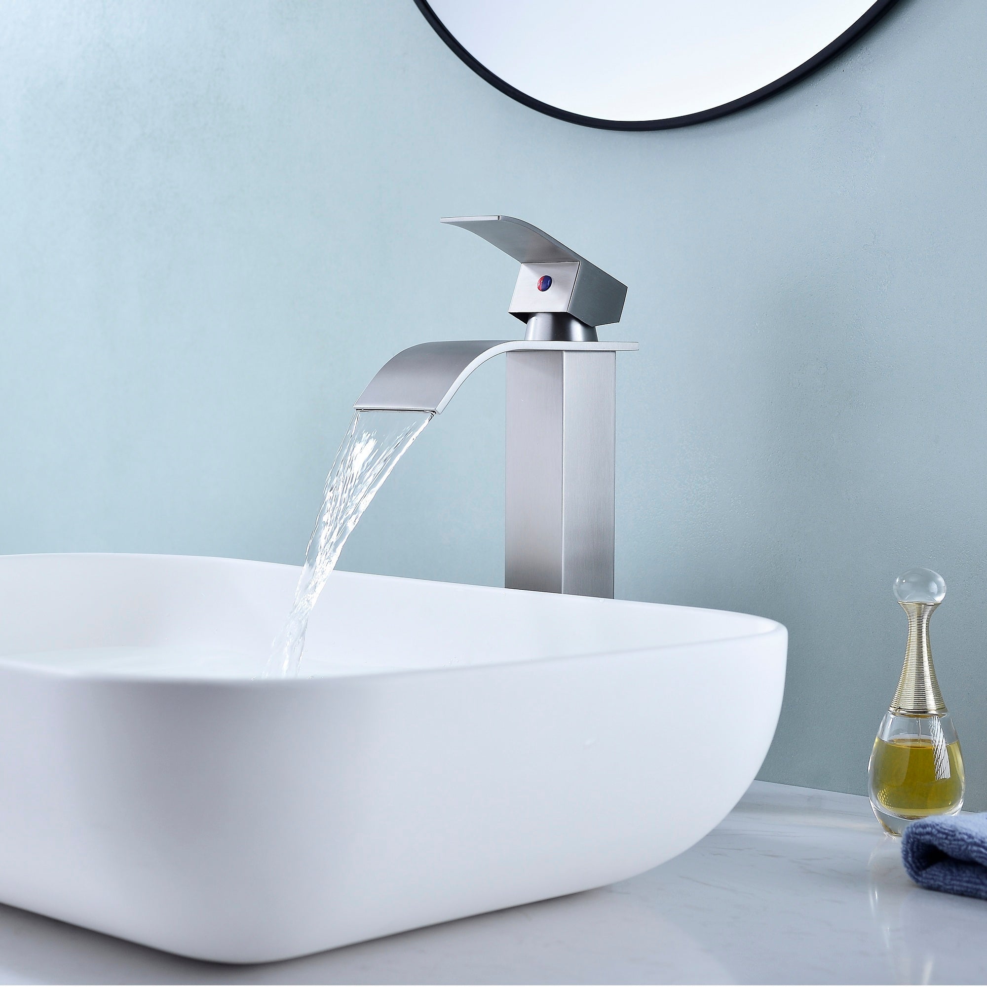 Waterfall Spout Bathroom Faucet, Single Handle Bathroom Vanity Sink Faucet - Brushed Nickel
