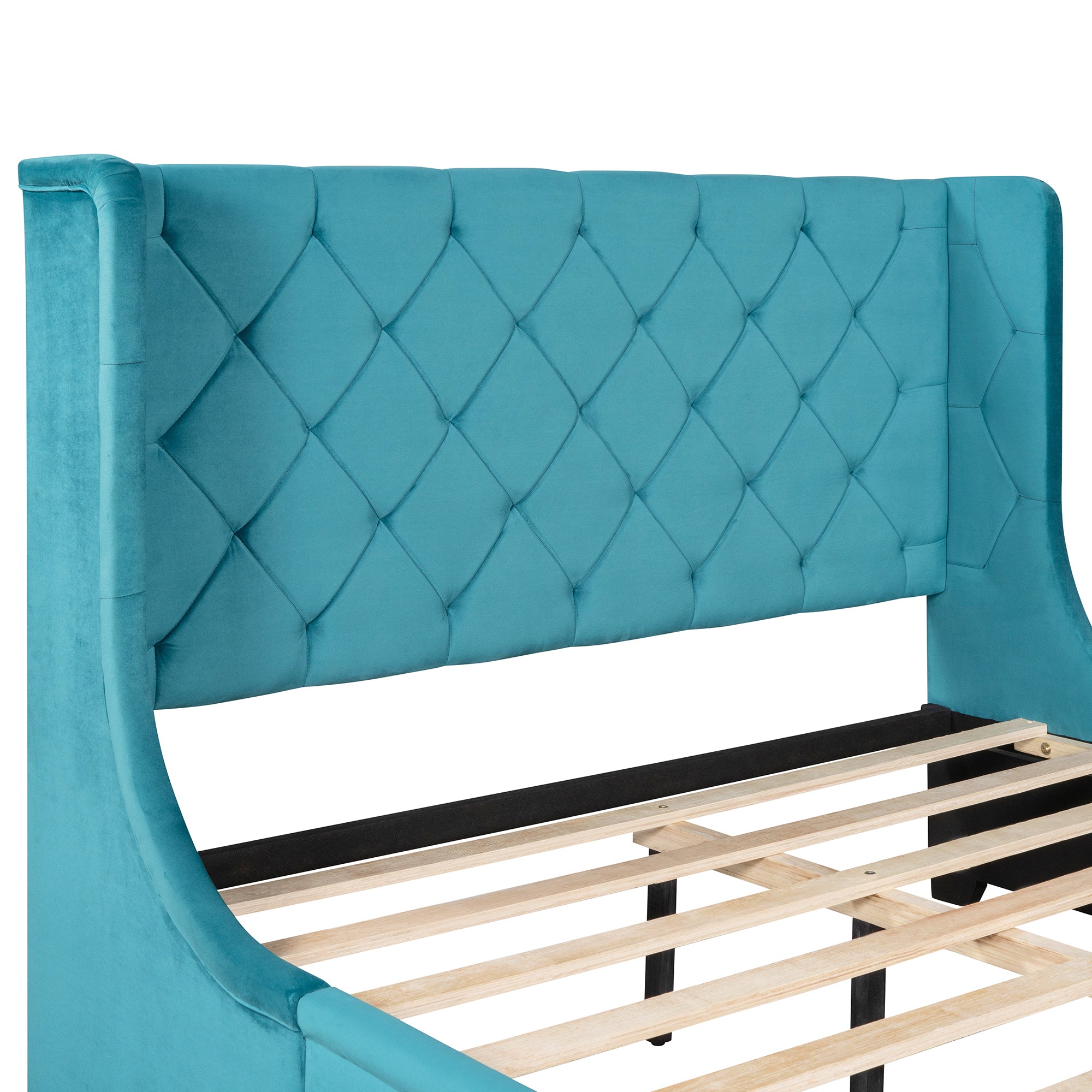 Queen Size Storage Bed Velvet Upholstered Platform Bed with Wingback Headboard and a Big Drawer - Blue