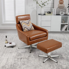 PU Leather Swivel Armchair with Ottoman - Brown