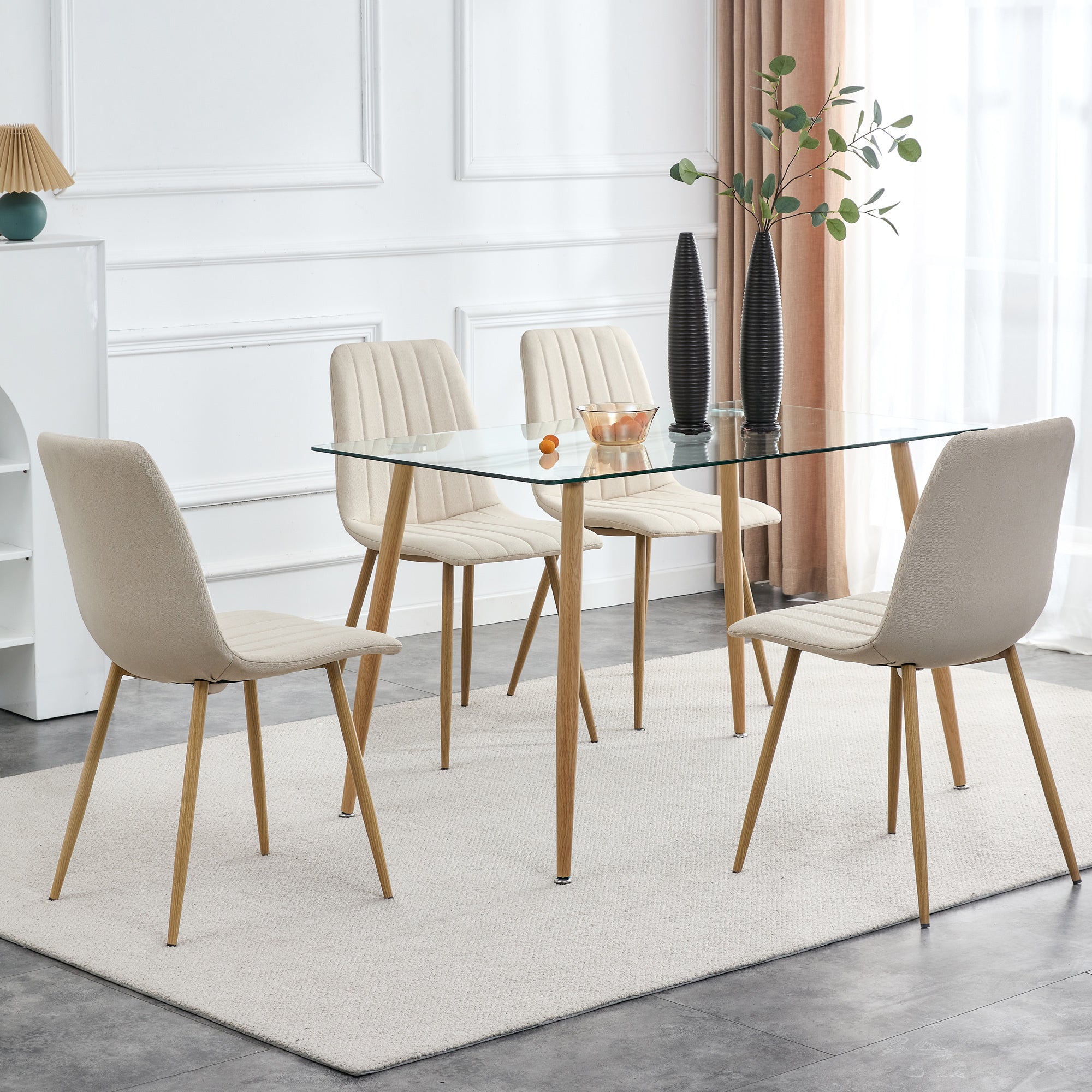 Modern Minimalist Rectangular Glass Dining Table for 4-6 with 0.31" Tempered Glass Tabletop and Wood color Coating Metal Legs - Transparent